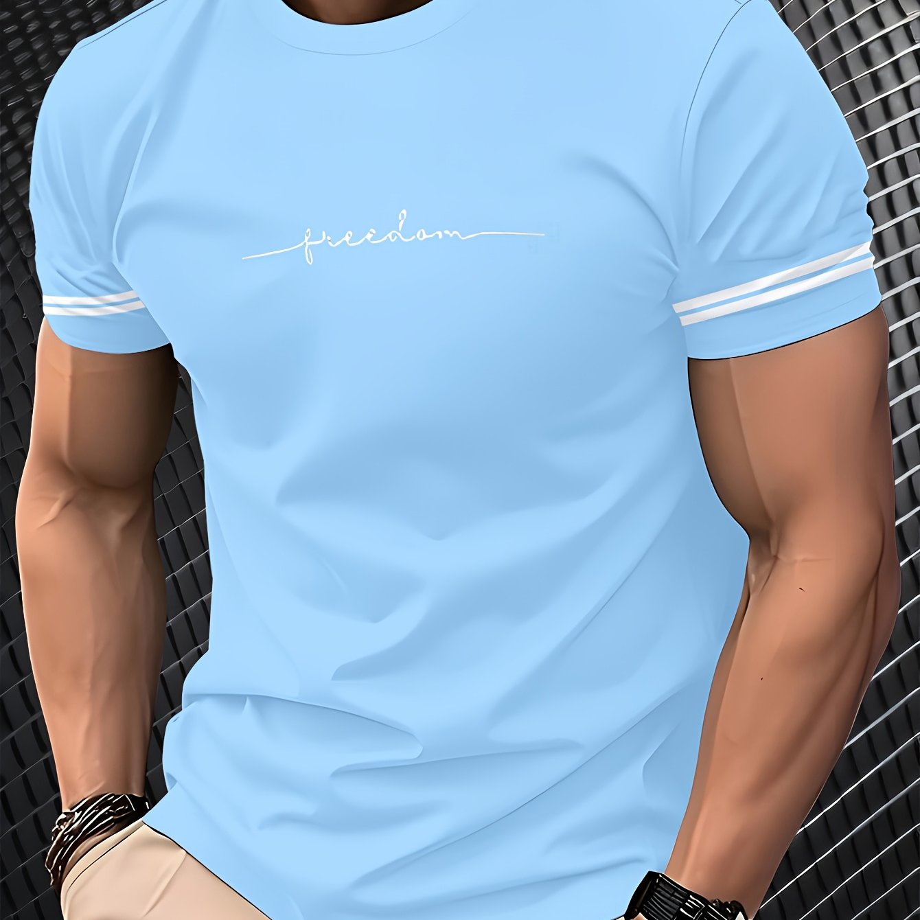 Men'S "Freedom" Graphic T-Shirt - Black Casual Crew Neck Tee with White Stripes, Breathable Polyester Blend, Regular Fit for Casual Attire, Everyday Tshirt | Bold Print Tee | Comfortable Fit, Knit