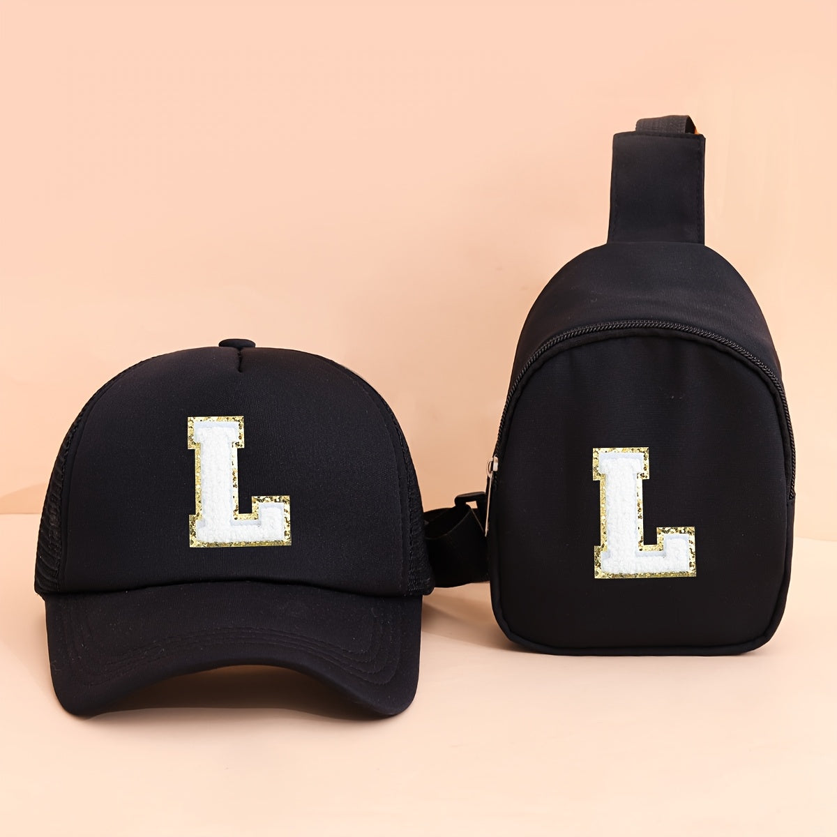 2pcs Kids' Printed Alphabet Pattern Set, Includes 1 Black Stylish Breathable Trucker Hat and 1 Black Crossbody Bag, Lightweight Sun Hat with Small Coin Purse, Suitable for Boys and Girls Aged 5-10 for Daily Outings and Back-t