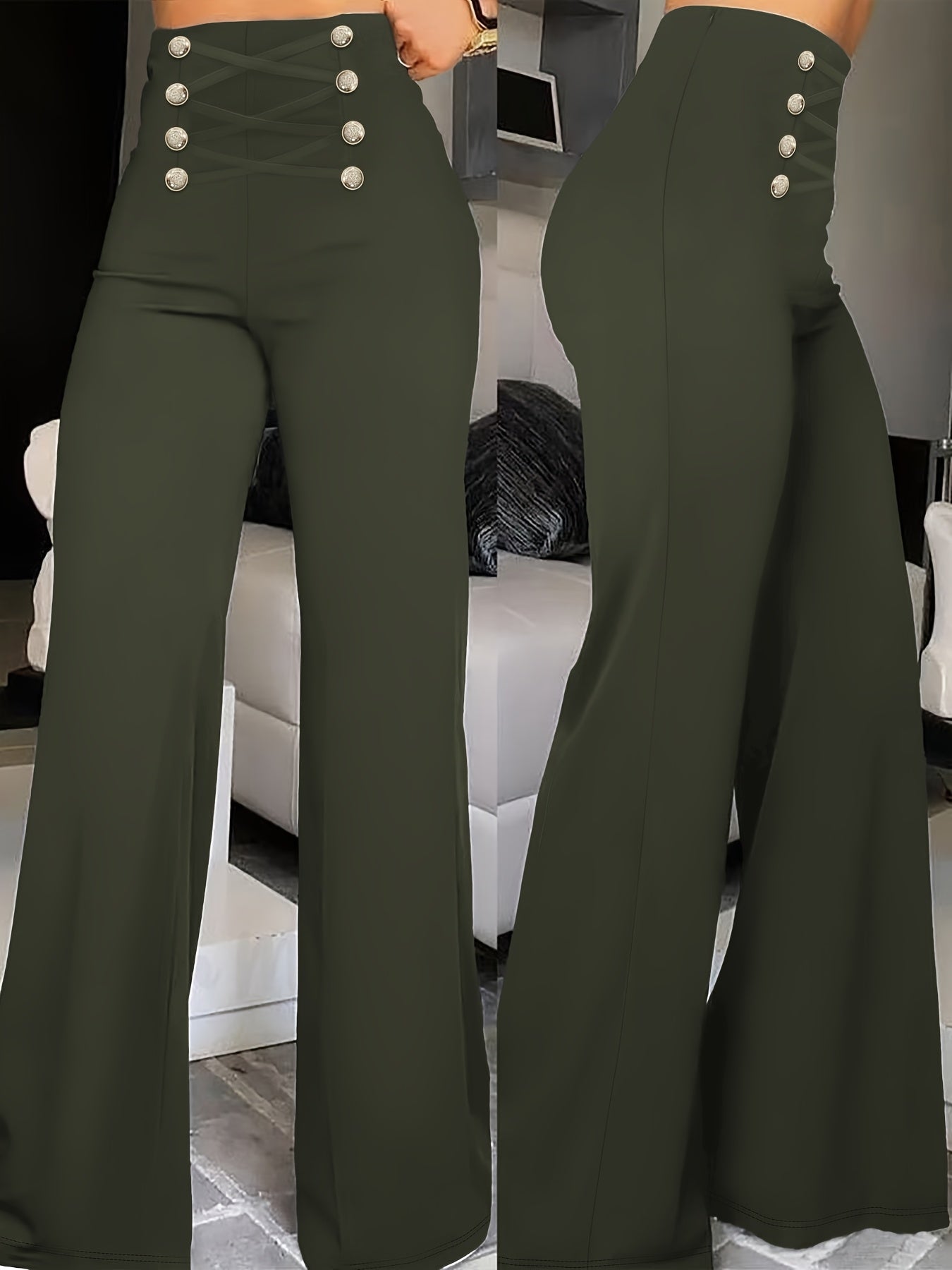 Elegant Double-Breasted Waistband Casual Pants, Solid Color, Polyester, Machine Washable - All Seasons, Queen Style, High-Grade Design
