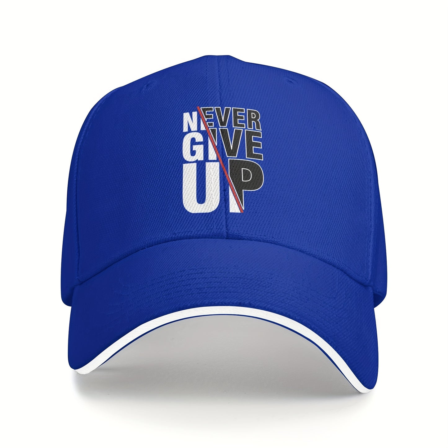 1 Pack Never Give Up Print Baseball Cap - Adjustable Snapback Dad Hat with Breathable Mesh Back, Funky Unisex Trucker Hat for Outdoor Fishing Driving, Black with White & Red Lettering, One Size Fits Most (53.34-63.5 cm)