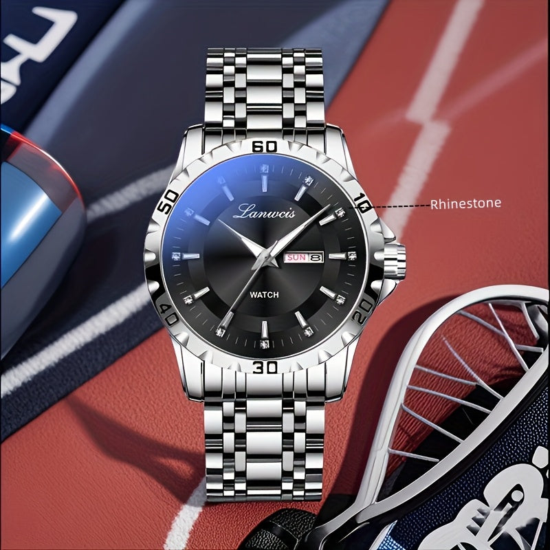 1pc Men's Business Style Stainless Steel Strap Watch - IPX7 Waterproof, Luminous Hands & Dial, Calendar & Week Display, Quartz Movement, Travel Leisure Sports Watch with Gift Box, Luxury Wristwatch | Sleek Metallic Finish | D