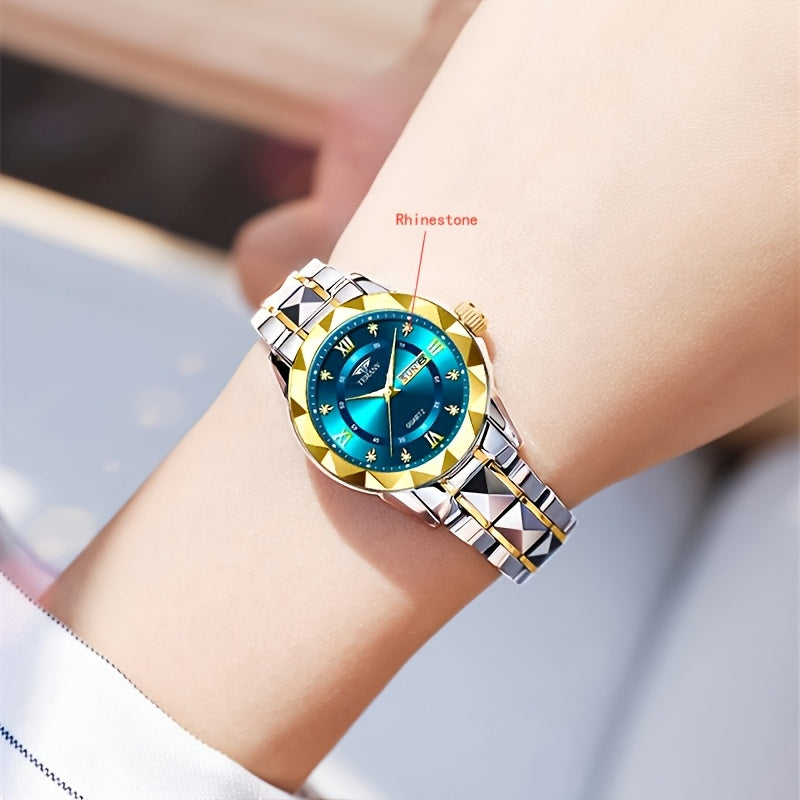 1pc Women's Stainless Steel Watch with Luminous Blue Dial, Date & Day Display, High Quality IPX7, Quartz Movement - Casual Elegant Design for Sports & Travel, Birthday Holiday Gift, Casual Attire, Secure Clasp Wristwatch