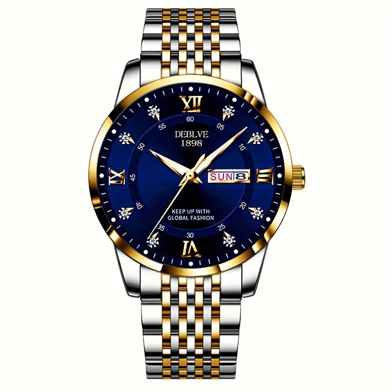 1pc Men'S Business Style Roman Dial Quartz Watch with Luminous Date and Day Display, Stainless Steel Alloy Strap, IPX7 Waterproof, Battery Operated, Elegant Fashion Accessory + Box