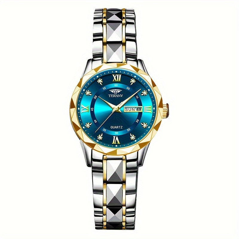 1pc Women's Stainless Steel Watch with Luminous Blue Dial, Date & Day Display, High Quality IPX7, Quartz Movement - Casual Elegant Design for Sports & Travel, Birthday Holiday Gift, Casual Attire, Secure Clasp Wristwatch