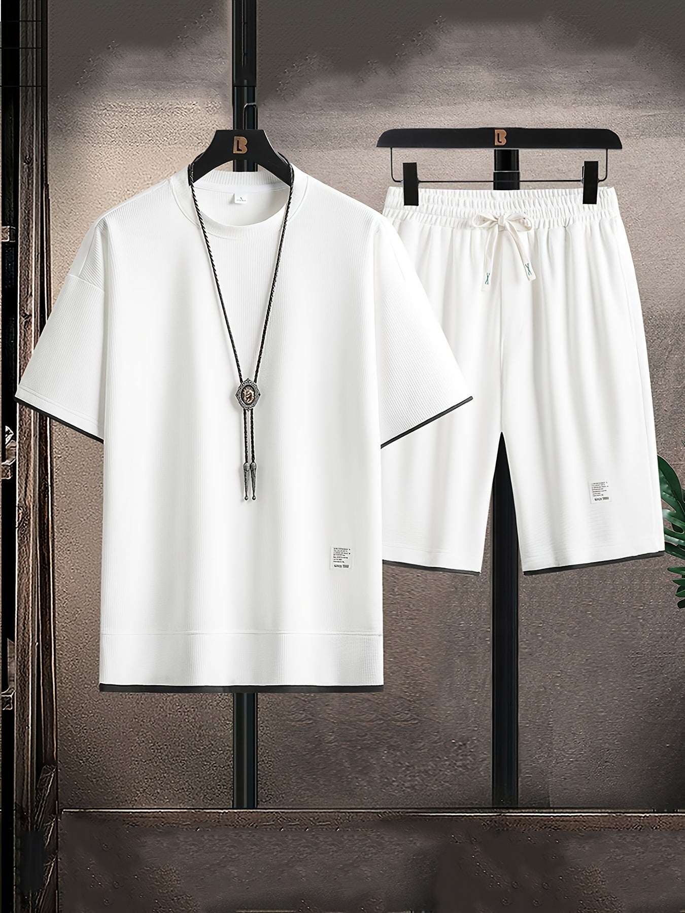 Waffle Grid Men's Trendy Round Neck T-shirt Breathable Casual Sports Suit Loose Two-Piece Set