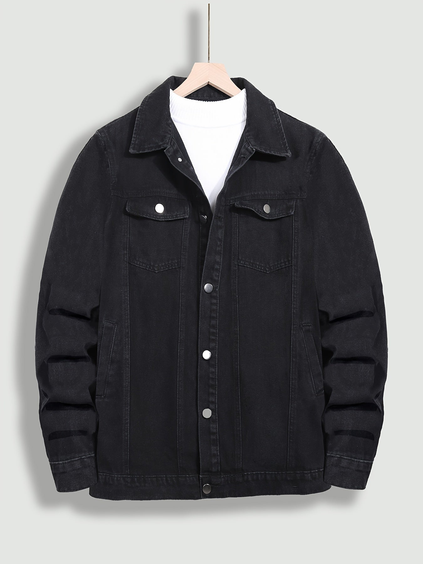 Men's Classic Cotton Denim Biker Jacket - Solid Color, Long Sleeve, Button-Up with Pockets for Spring & Fall