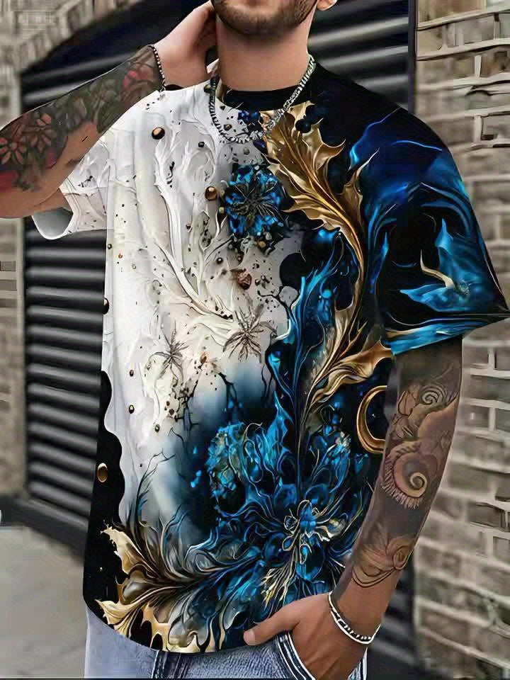 Men's Casual Short Sleeve T-Shirt with Dual-Sided Digital Print - White & Blue/Golden Floral Design, Breathable Round Neck Tee, Machine Washable Regular Fit for Casual Attire, Streetwear Style, Bold Pattern, Lightweight Tee,