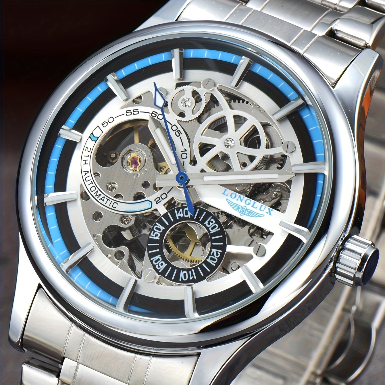 Men's Business Leisure Automatic Mechanical Watch, Stainless Steel with Blue Accents, Transparent Back, Date Display, Water-Resistant up to 10m, Ideal Gift, Business Watch | Mechanical Aesthetic | Stainless Steel Band