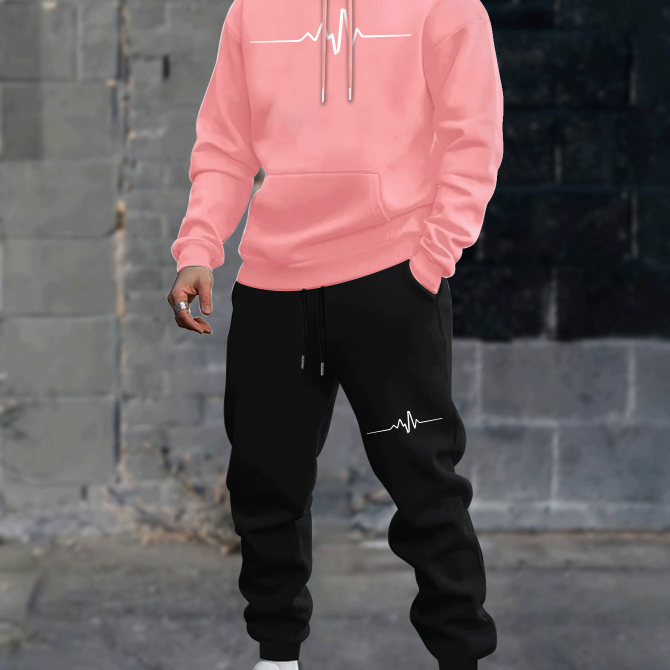 1set Men'S Casual Geometric Heartbeat Pattern Hoodie and Sweatpants Set, Polyester and Spandex Blend, Loose Fit, Hooded Pullover for Autumn/Winter
