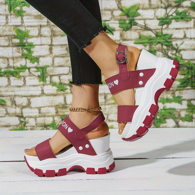 Women's Wedge Heeled Sandals, Platform Open Toe Ankle Strap Metal Buckled Sandals, Women's Fashion Casual Footwear