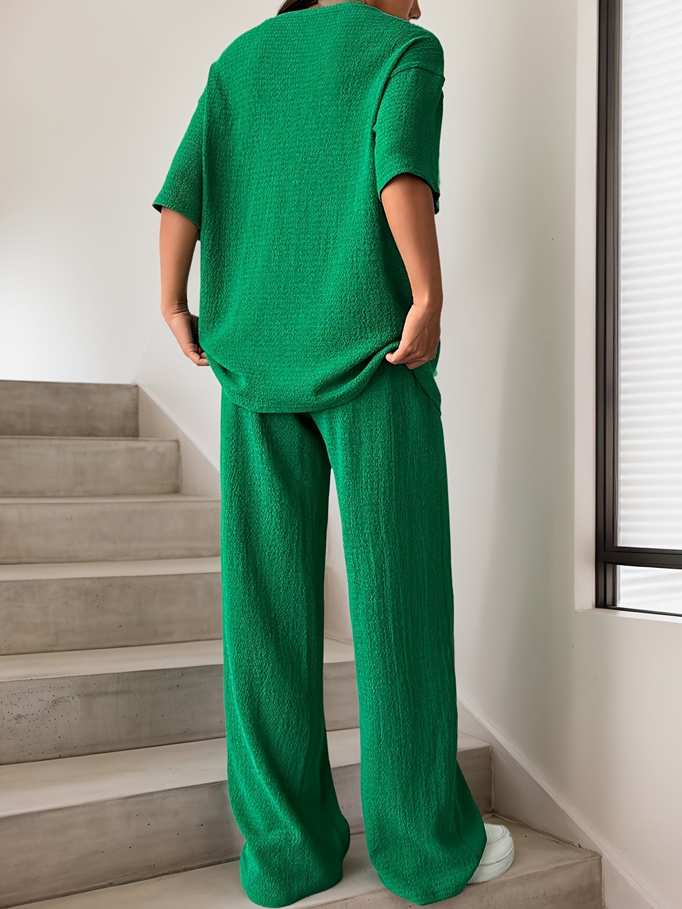 Women'S Elegant Solid Color Crew Neck T-Shirt and Pants Set, Polyester Knit Fabric, 95% Polyester 5% Elastane, Casual Drop Shoulder Outfit for Spring/Summer, 170g/m²