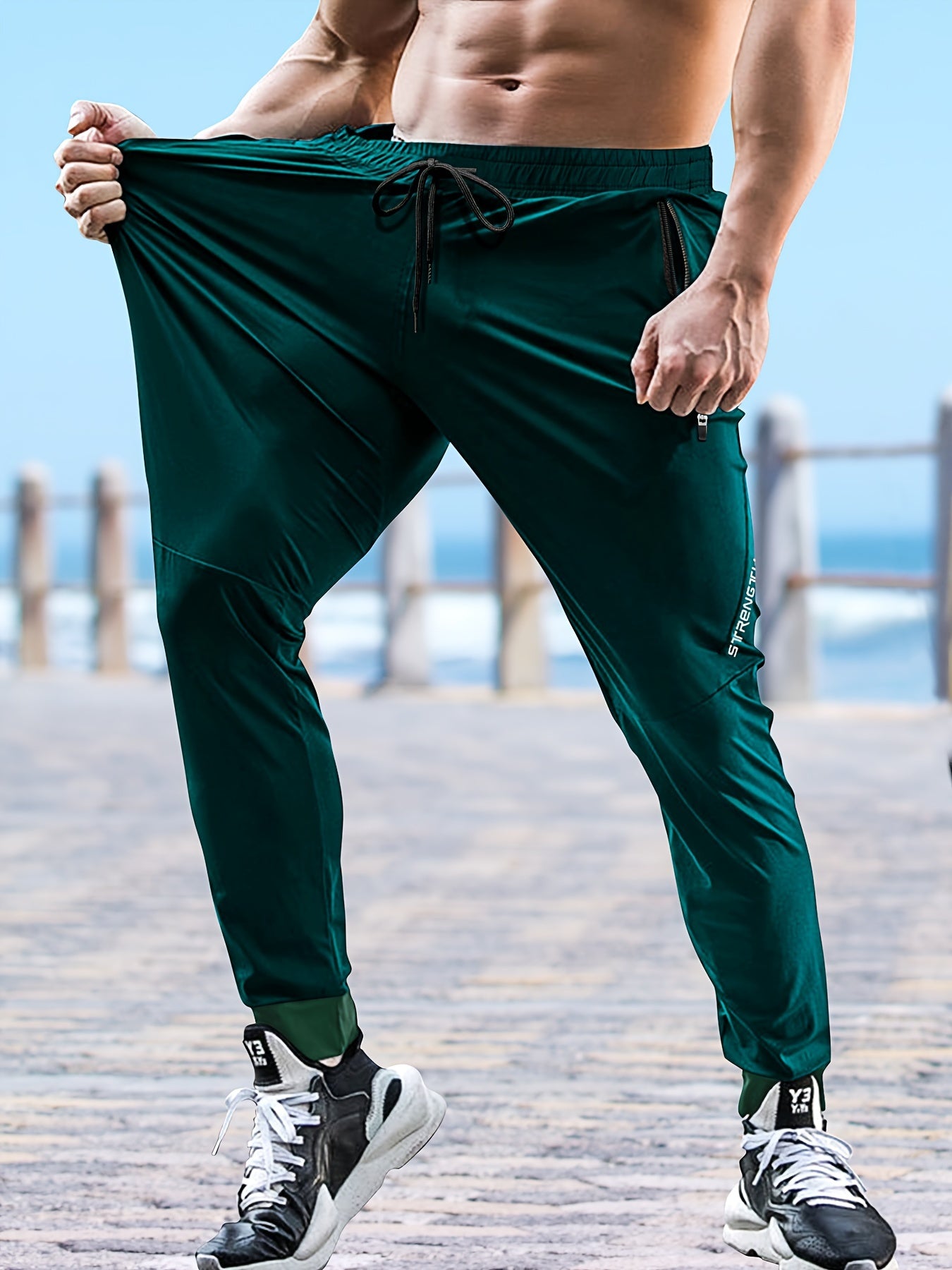 Men's Casual Athletic Pants - Stretch Polyester, Side Zipper Detail, Drawstring Waist, Green Joggers with Pockets for Sports & Leisure