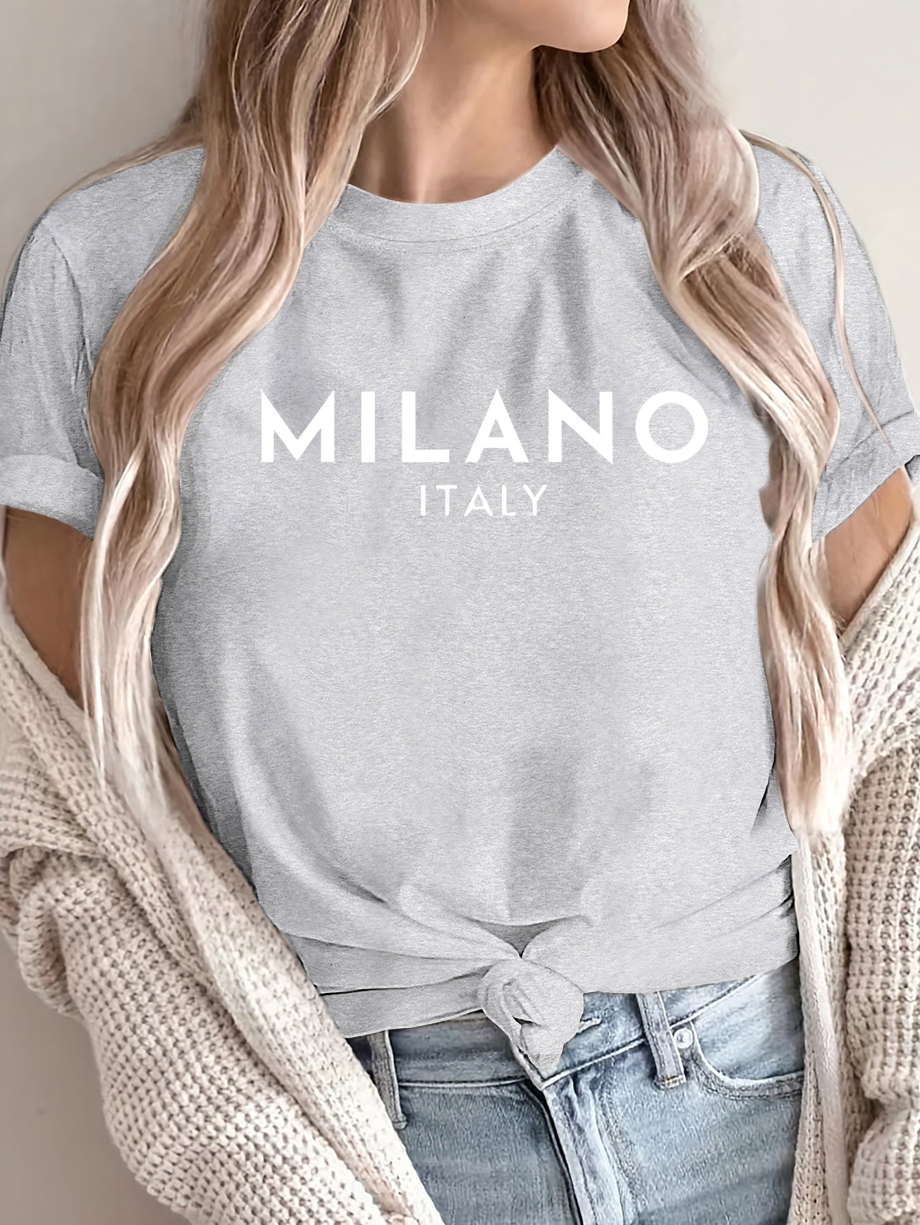 Women'S Casual Polyester T-Shirt with "Milano Italy" Letter Print, Short Sleeve Crew Neck Top, All-Season Knit Fabric Tee, Regular Length - 180gsm