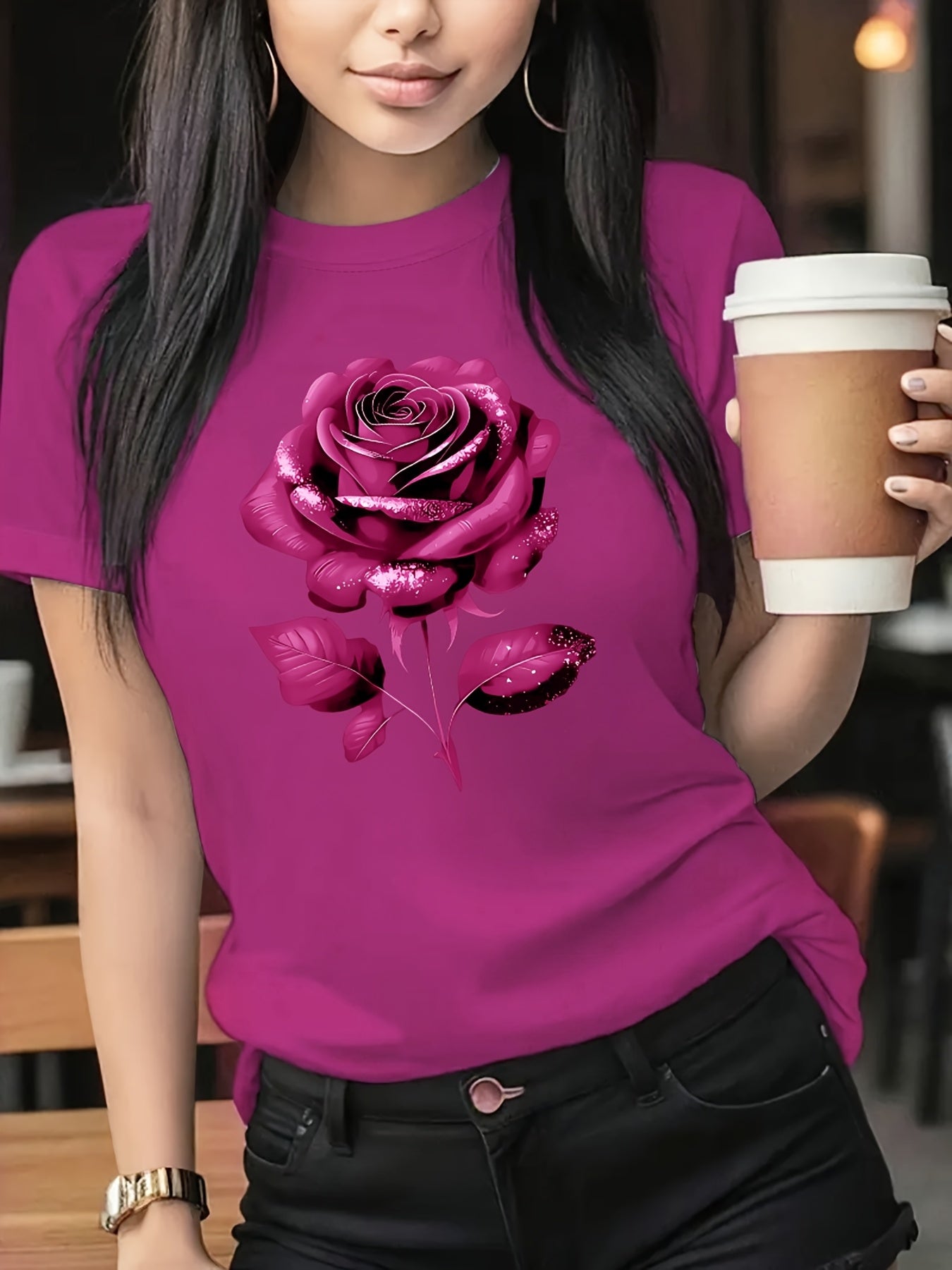 The Black Roseprint t-shirt, short sleeve crew neck casual top for summer & spring, Women's clothing gift