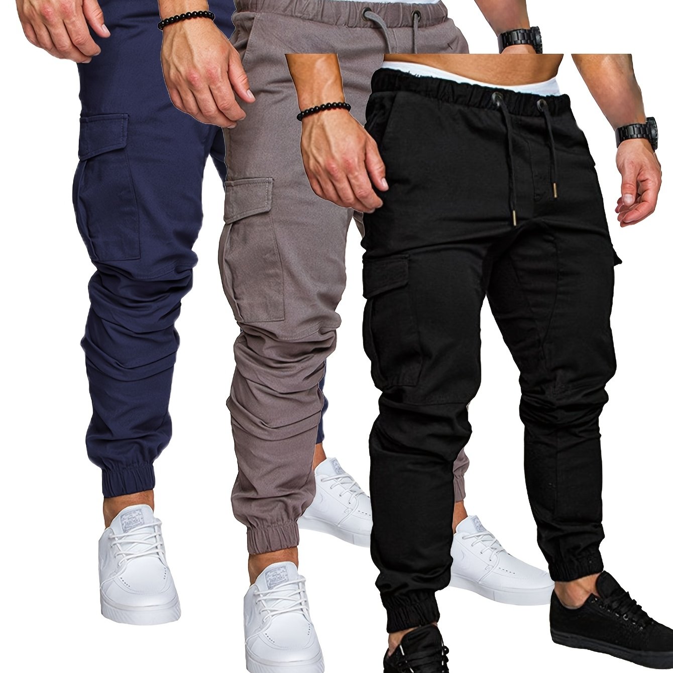 3-Pack Men'S Casual Cotton Cargo Pants, Solid Color, Non-Stretch, Regular Length, Drawstring Waist, Four Seasons, Standard Fit, Woven Fabric