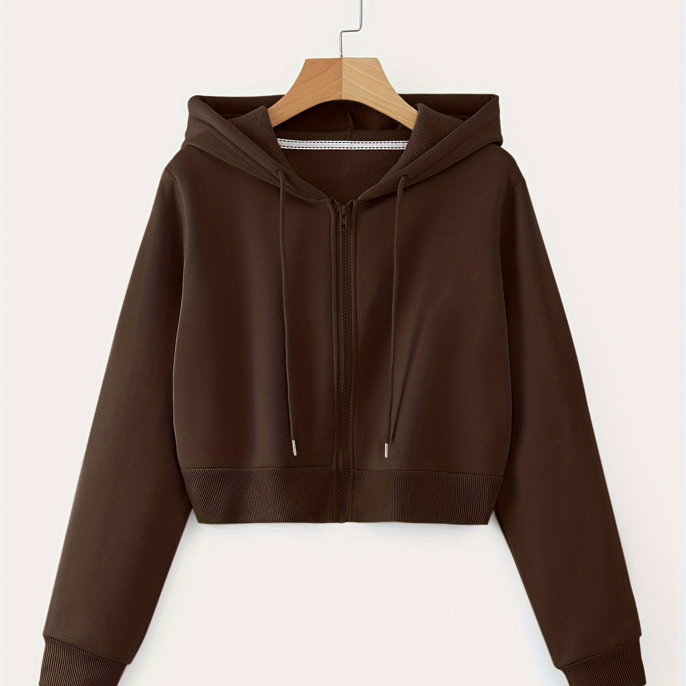 Zip Up Cropped Drawstring Hoodie, Casual Long Sleeve Sweatshirt For Spring & Fall, Women's Clothing