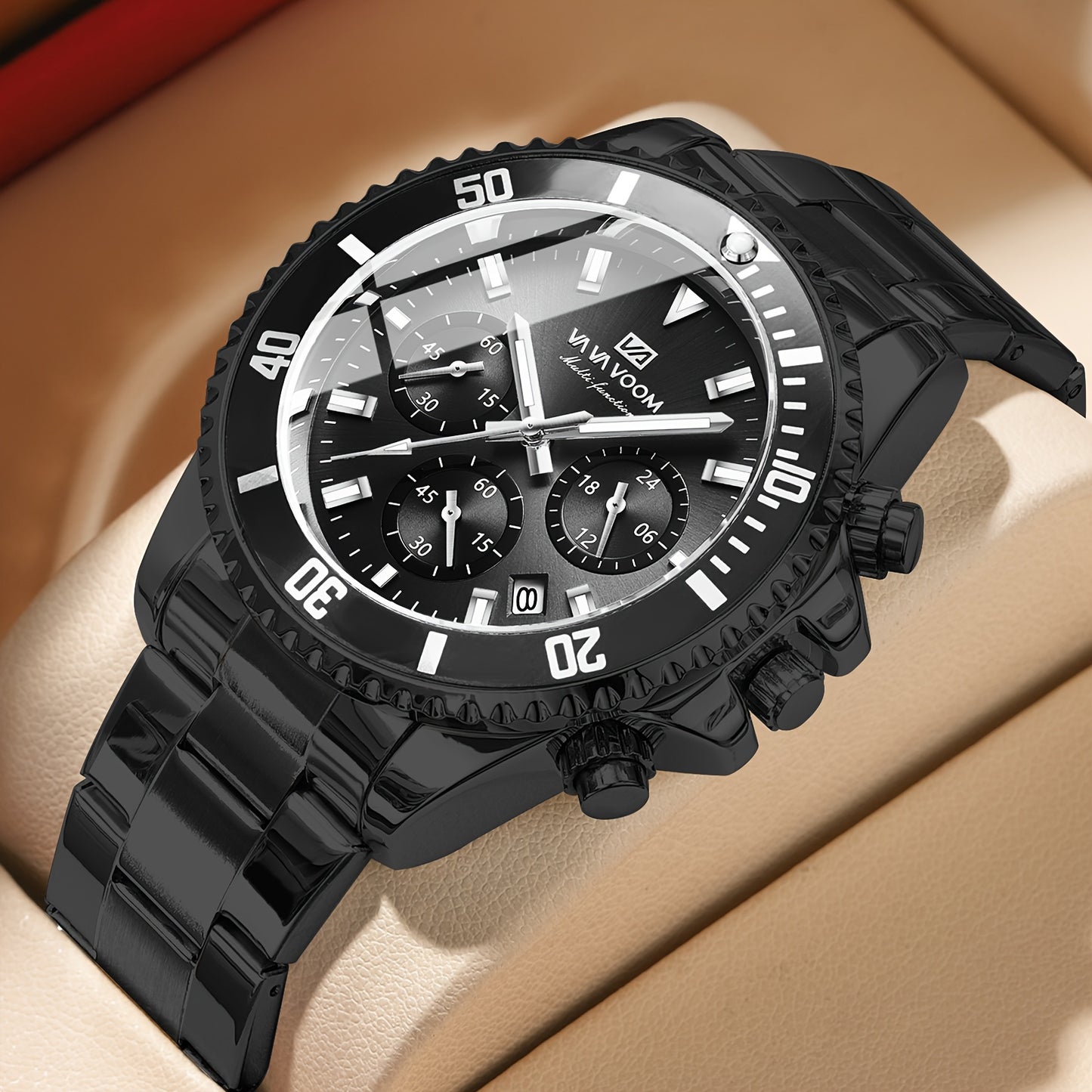 VA VA VOOM Men's Sport Watch with 3D Large Dial, Stainless Steel Band, 24Hr Chronograph, Dual Time, Calendar, Stopwatch & High Quality - Quartz Movement for Gym, Outdoor, Business Casual - Ideal Gift, Outdoor Timing Tool, Sle