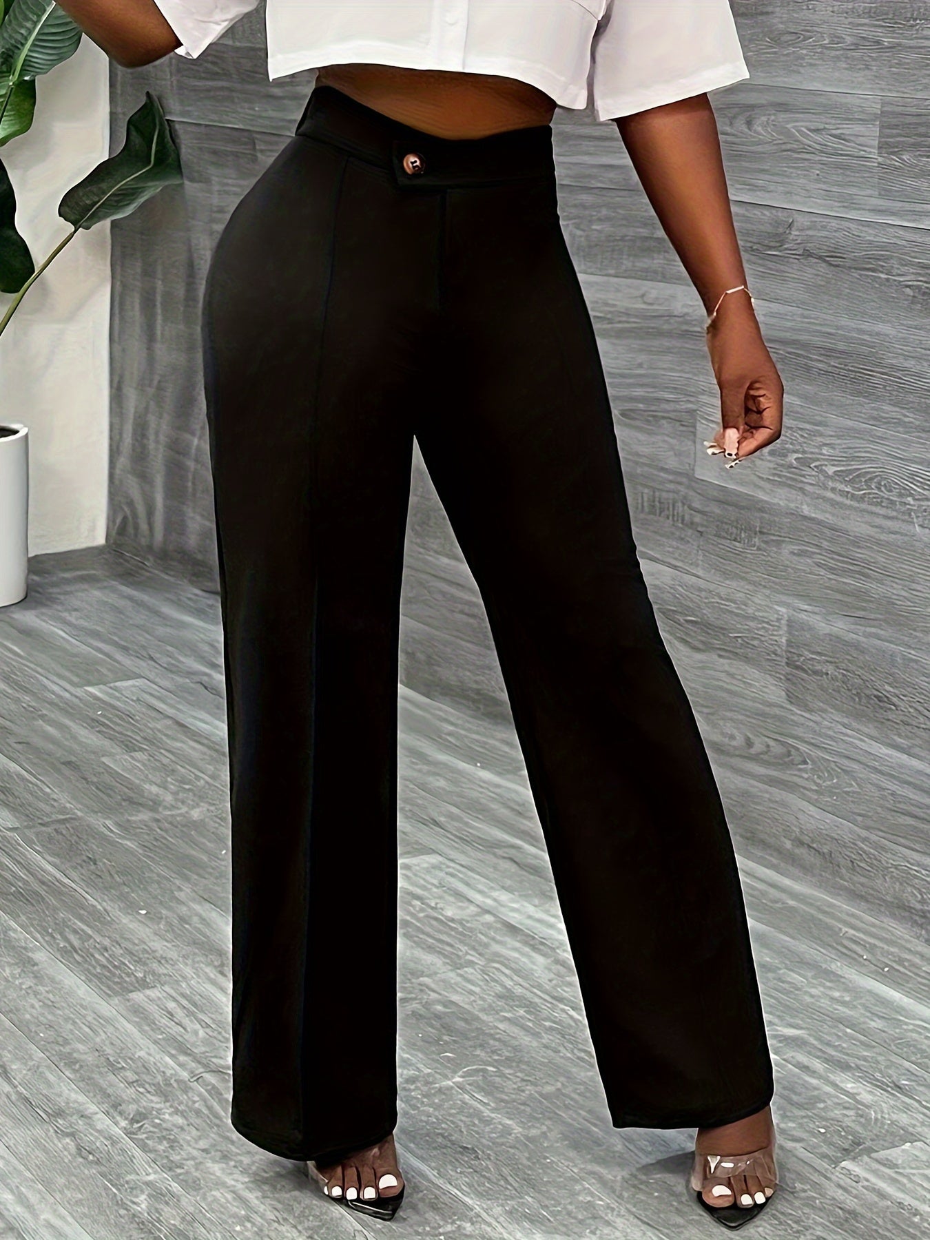 Solid Color Straight Leg Pants, Elegant High Waist Button Front Pants For Work & Office, Women's Clothing