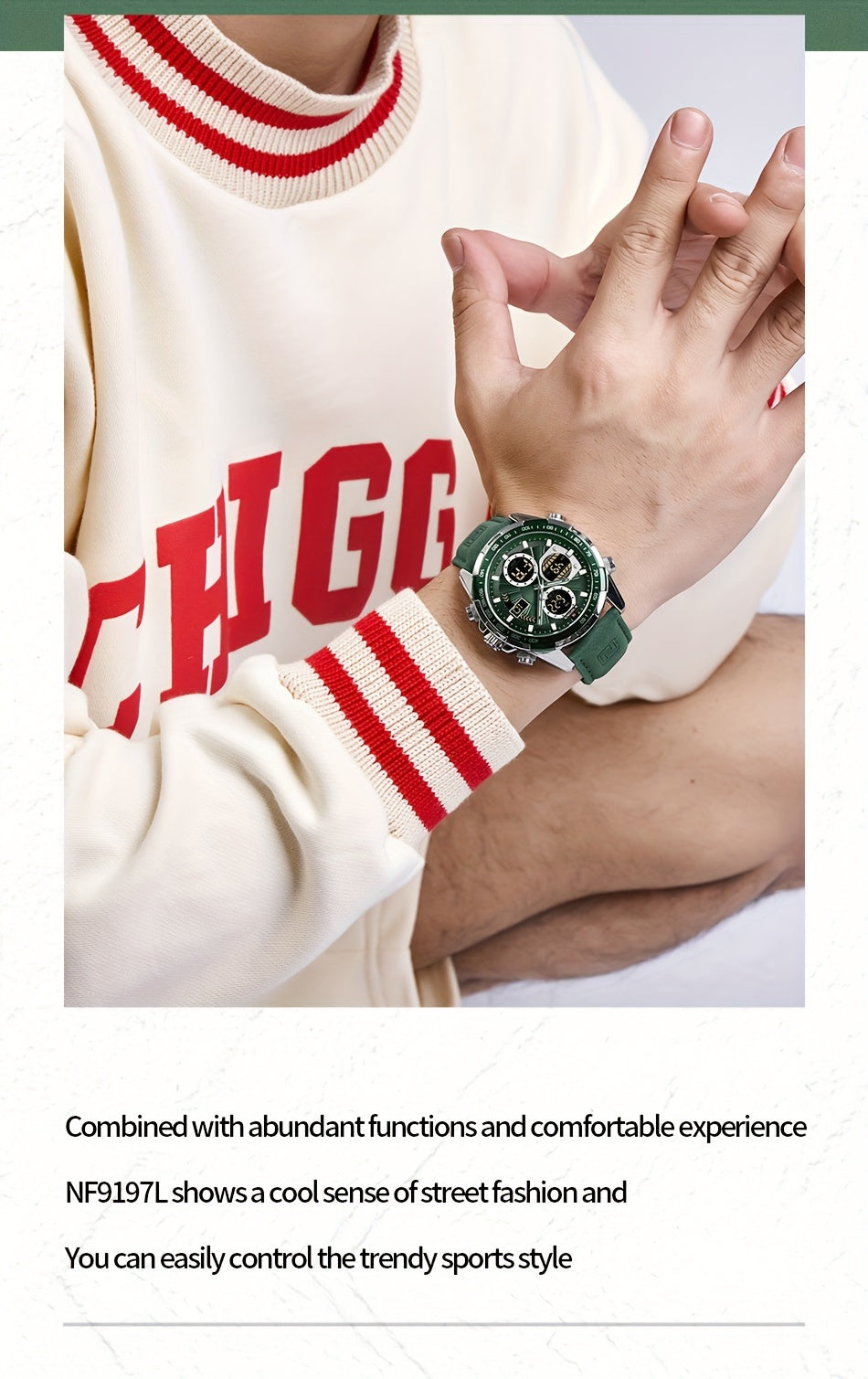 NAVIFORCE Men's Luxury Sports Quartz Watch - Waterproof, Genuine Leather Strap, Dual Display with Date & Chronograph Functions, Case, Green Accents, Luxury Timepiece|Tachymeter Equipped|Genuine Leather Band Valentine's Day