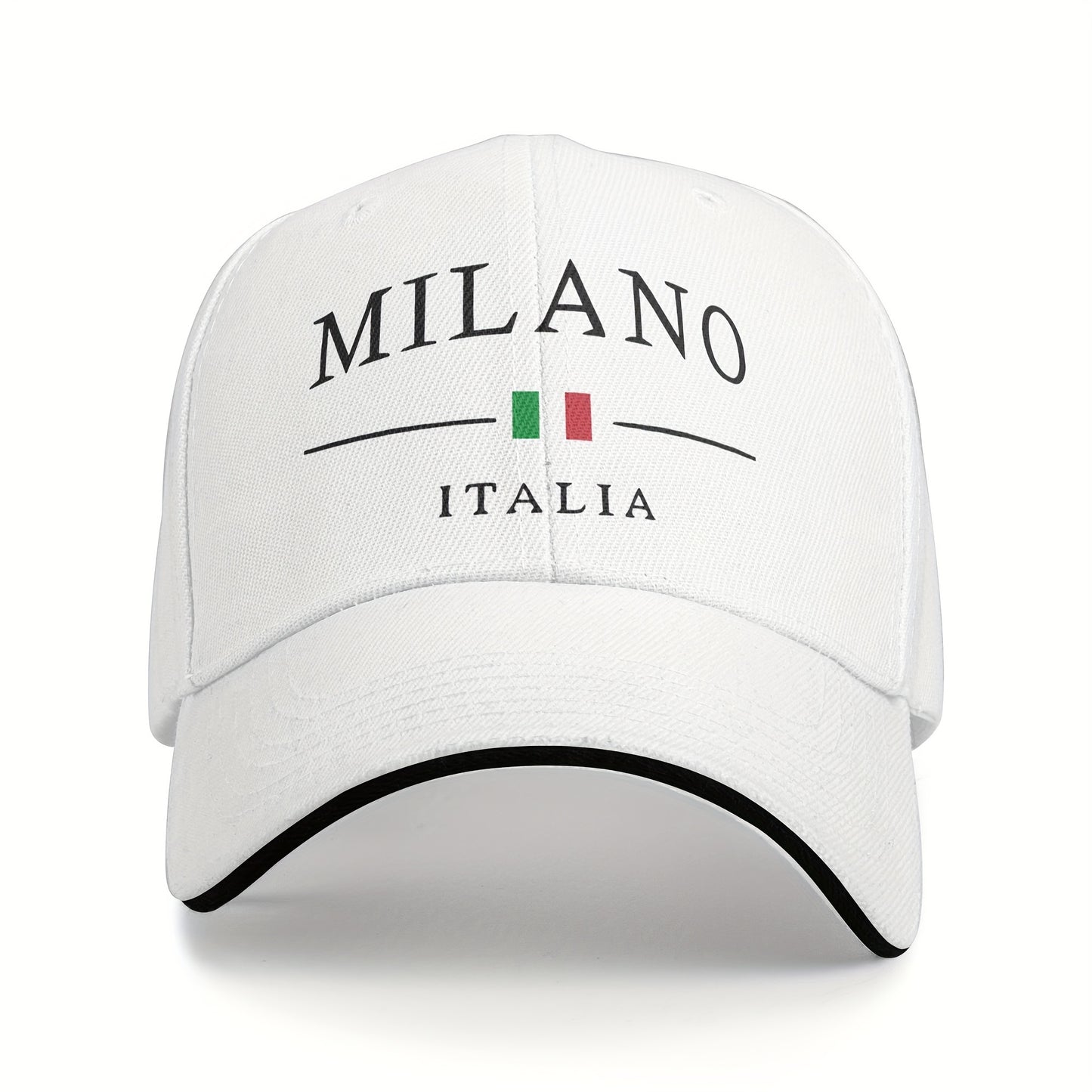 Adjustable Milan, Italy Print Baseball Cap - Breathable Polyester Dad Hat with Italian Flag Design, Black & White, Perfect for Outdoor Activities, Casual Wear, and Gifts