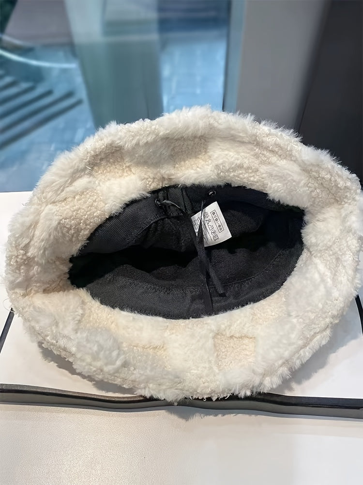 1pc Fashionable Unisex Winter Warmth Bucket Hat, Thickened Plush Polyester Fiber, Knitted Elastic Fabric, Cozy Plaid Fisherman Cap with Lettering