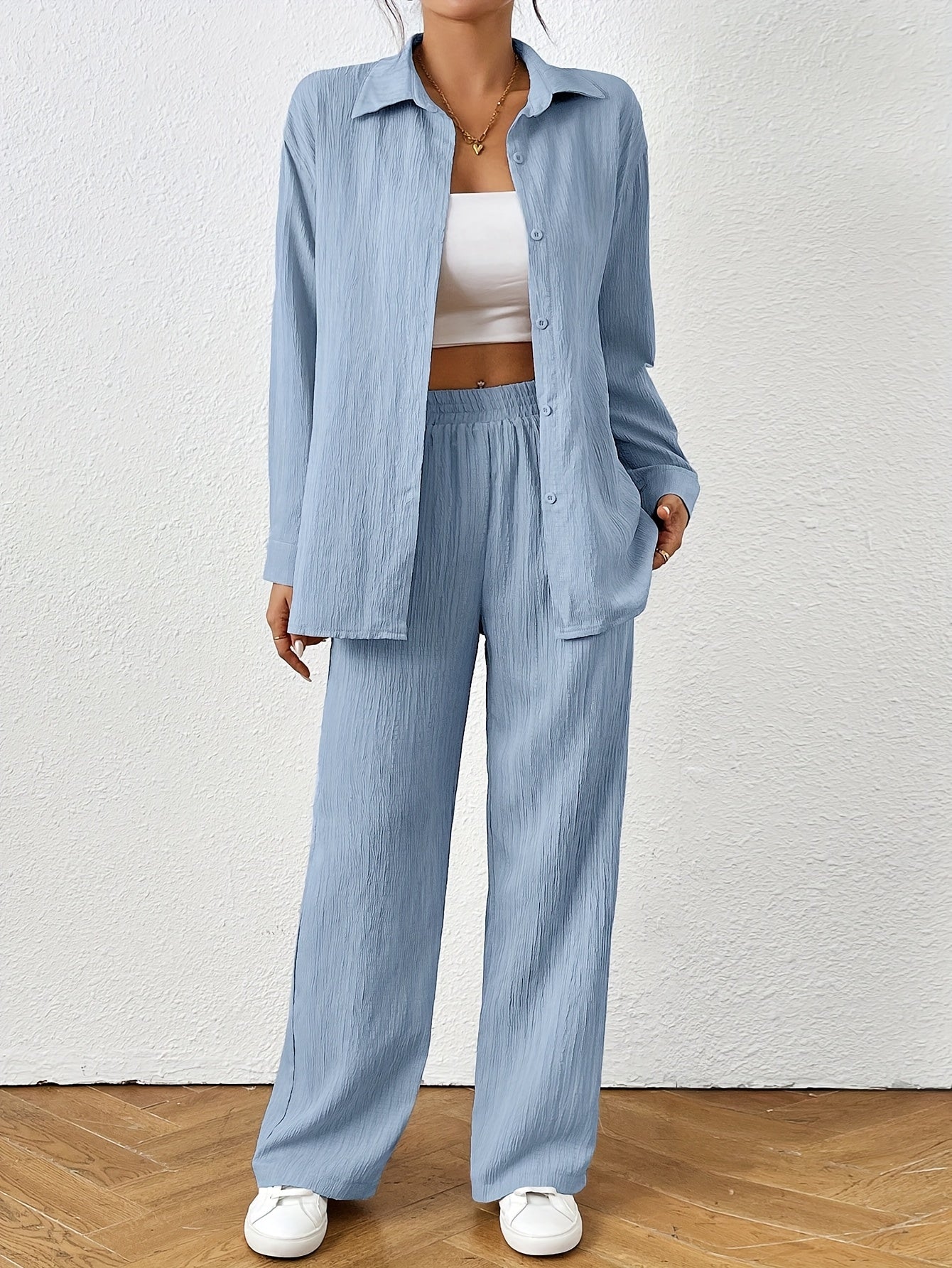 2pcs Women Spring & Autumn Casual Solid Color Long Sleeve Shirt And Pants Set