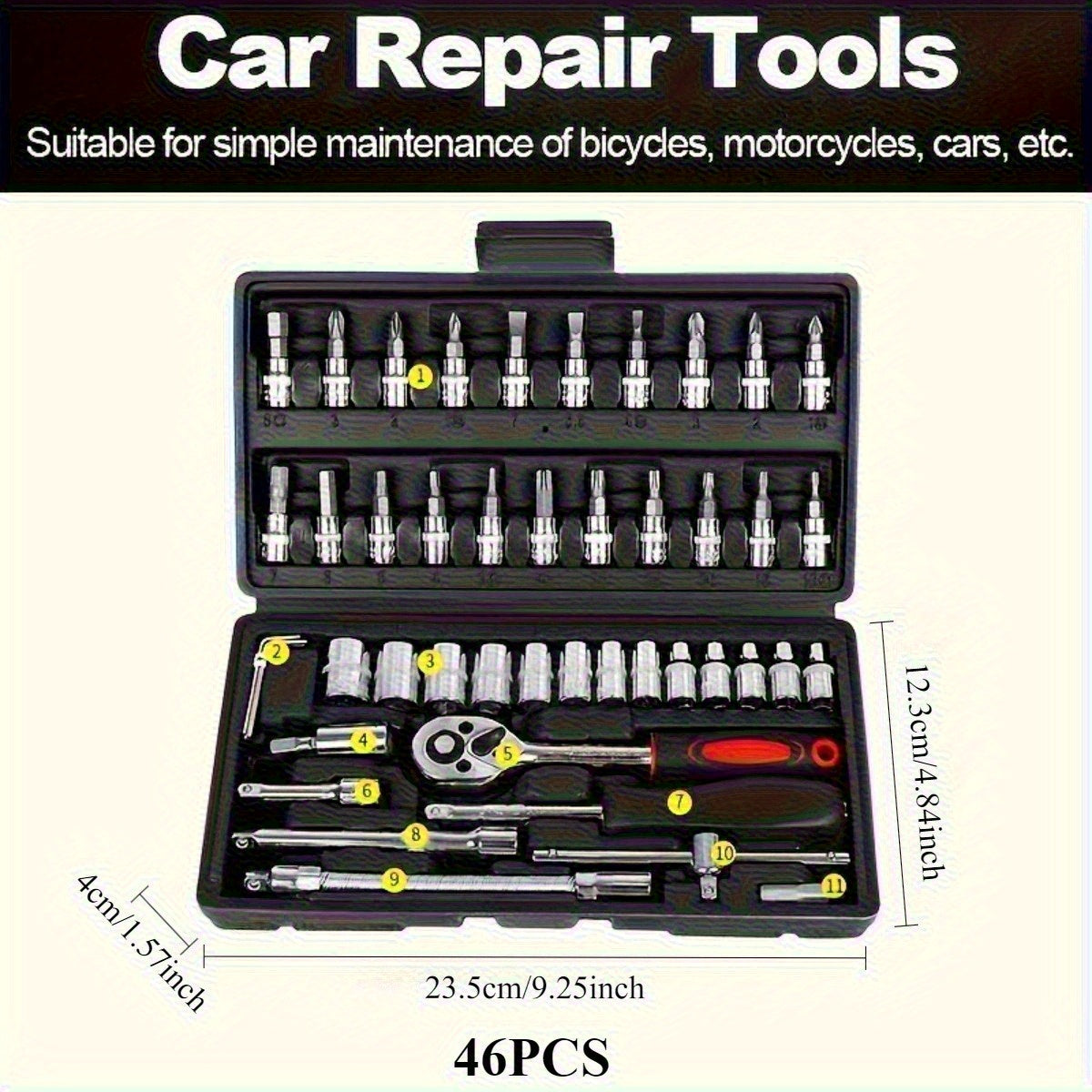 Mechanical Tool Set, Multifunctional Car Repair Toolbox, Suitable for Cars, Bicycles, Motorcycles and 1/2" 3/8" SAE & Metric Sizes Universal Wrench Kit Including Tooth Ratchet Wrenches, Household, Garage, Bicycle Trunk Specia