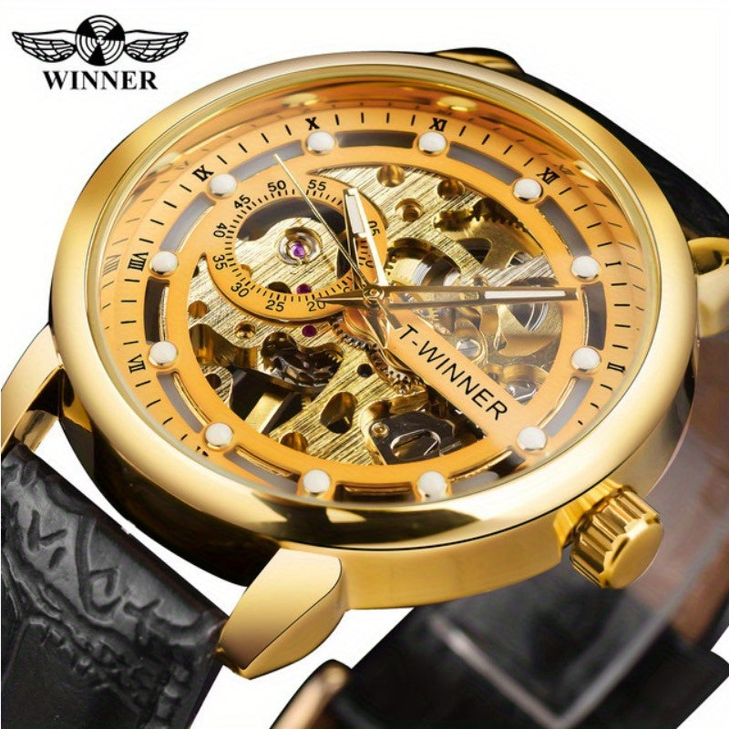 Men'S Luxury Mechanical Skeleton Watch with Golden-Tone Alloy Case & Faux Leather Strap - Mechanical Hand-Wind, World Time, Date Display, Elegant Fashion Accessory for Casual Attire, Mechanical Watch, Sophisticated Design, In
