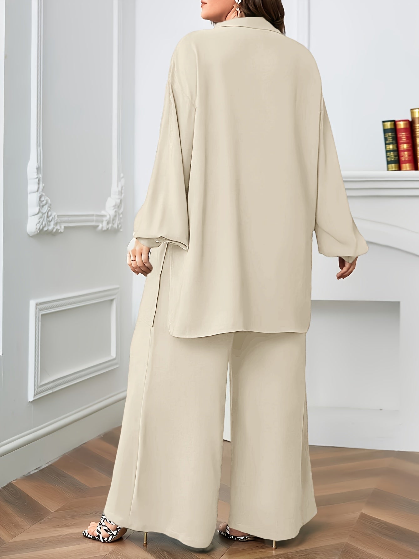 Elegant Plus Size Women'S Two-Piece Set: Stylish V-Neck Blouse & Wide Leg Pants - Perfect for Formal Occasions, Plus Size Blouses