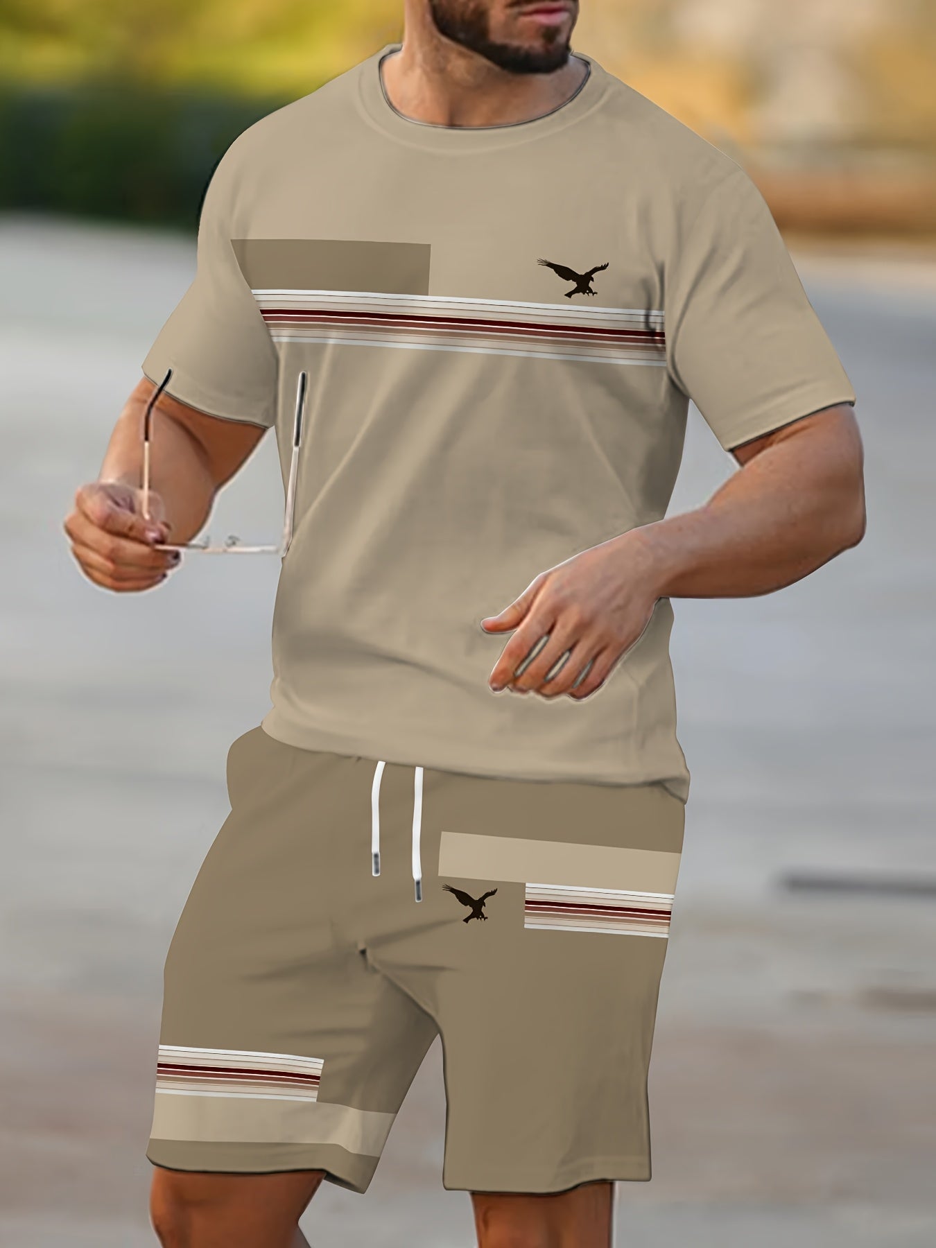 Men'S Casual Summer Two-Piece Athletic Wear Set - Light Blue T-Shirt with Green & White Stripes, Matching Shorts, Perfect for Daily Leisure, Vacation, and Sports, Casual Sportswear | Relaxed Fit Shorts | Stretchable Fabric
