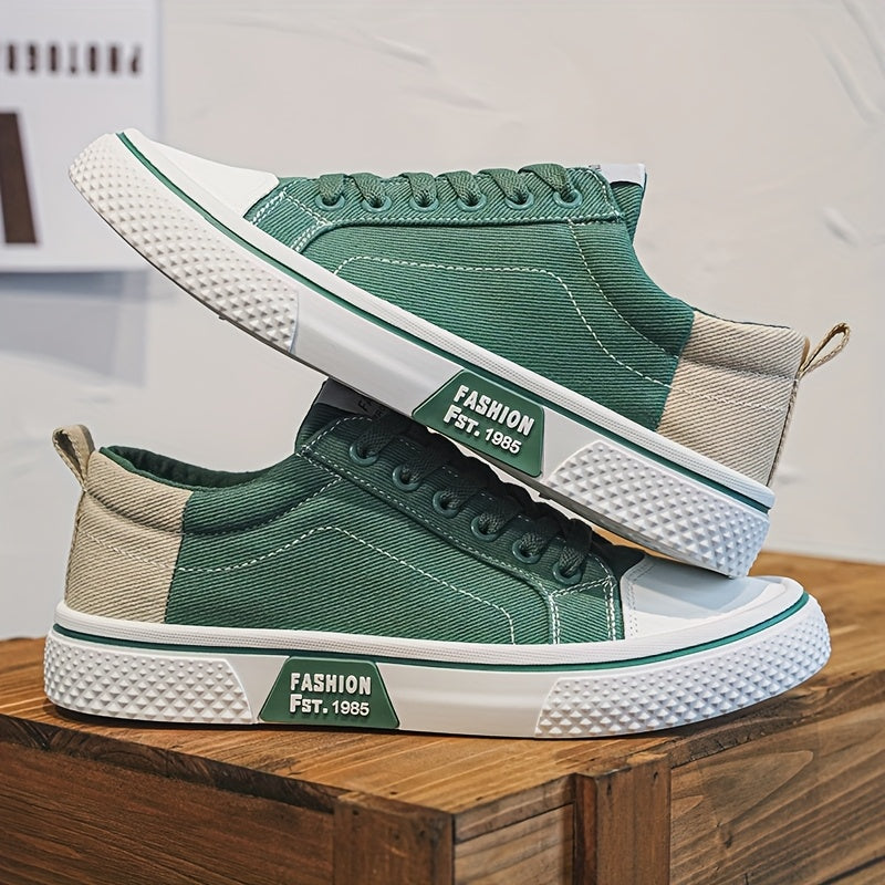 Men's Breathable Canvas Sneakers - Low-Top Lace-Up Skate Shoes, Fashionable Casual & Sporty Design with Green & Beige Color Block, Non-Slip PVC Sole for Casual Attire, Outdoor Sneakers | Laceup Closure | Stylish Lowtops