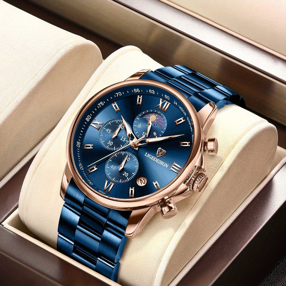 LIGE Black Blue Quartz Watch with Calendar, Exquisite & Simple Dial Stainless Steel Strap Multiple Colors High-quality Wrist Watch