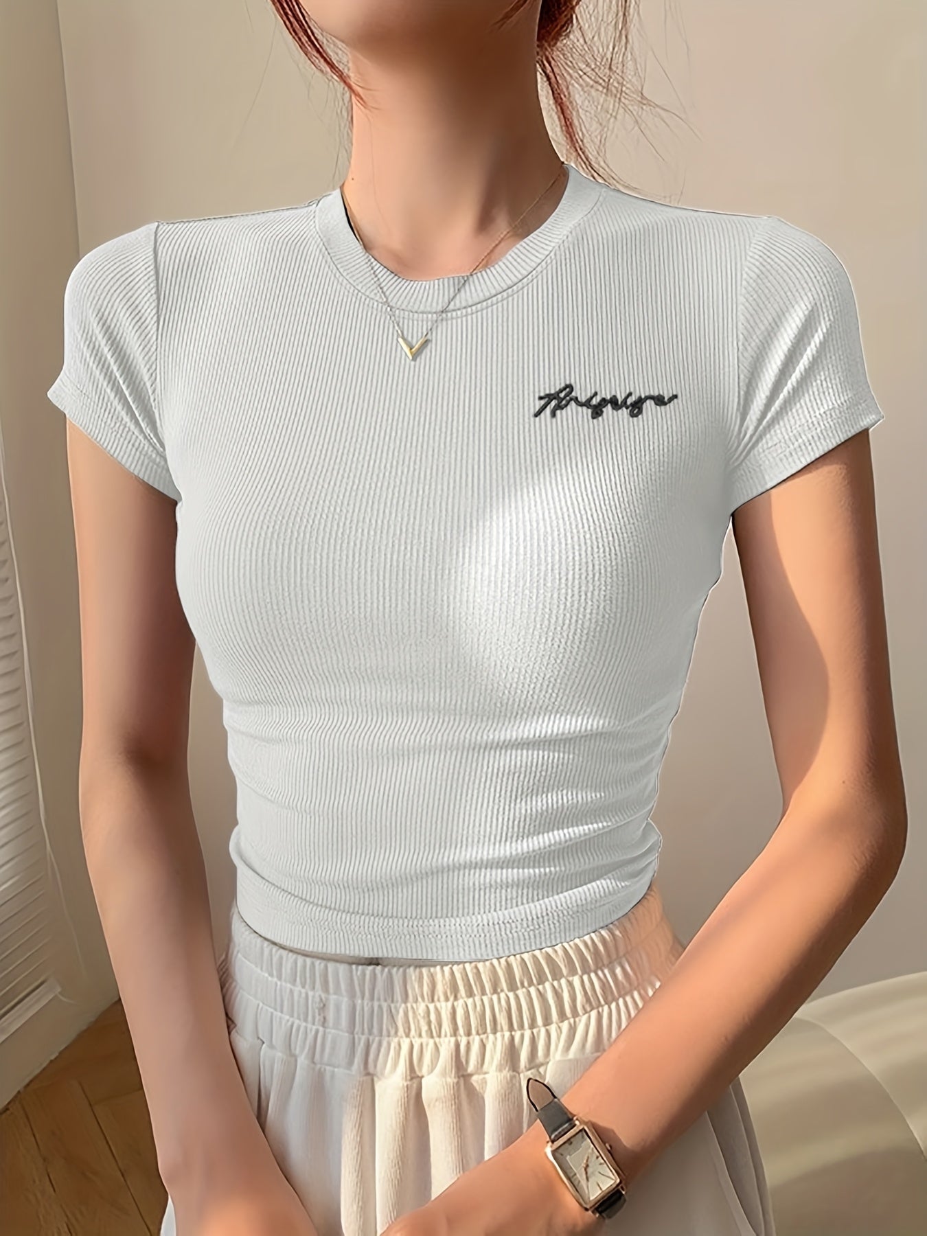 Women's Summer Slim Fit Short Sleeve T-Shirt - High Elasticity Breathable Fabric with Black Letter Embroidery, Versatile Casual & Office Wear, Elegant Collection, Cute Short Sleeve Tops, Everyday Comfort Tee, Slim Fit Tee, Sm