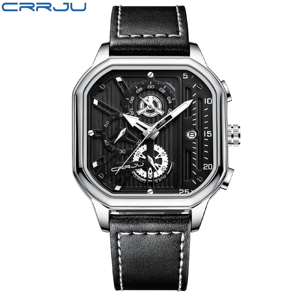 CRRJU Men's Sporty Chronograph Watch with Rose Golden Accents, Quartz Movement, IPX8 High Quality, Black Dial & Brown Faux Leather Strap - Durable Casual & Formal Timepiece
