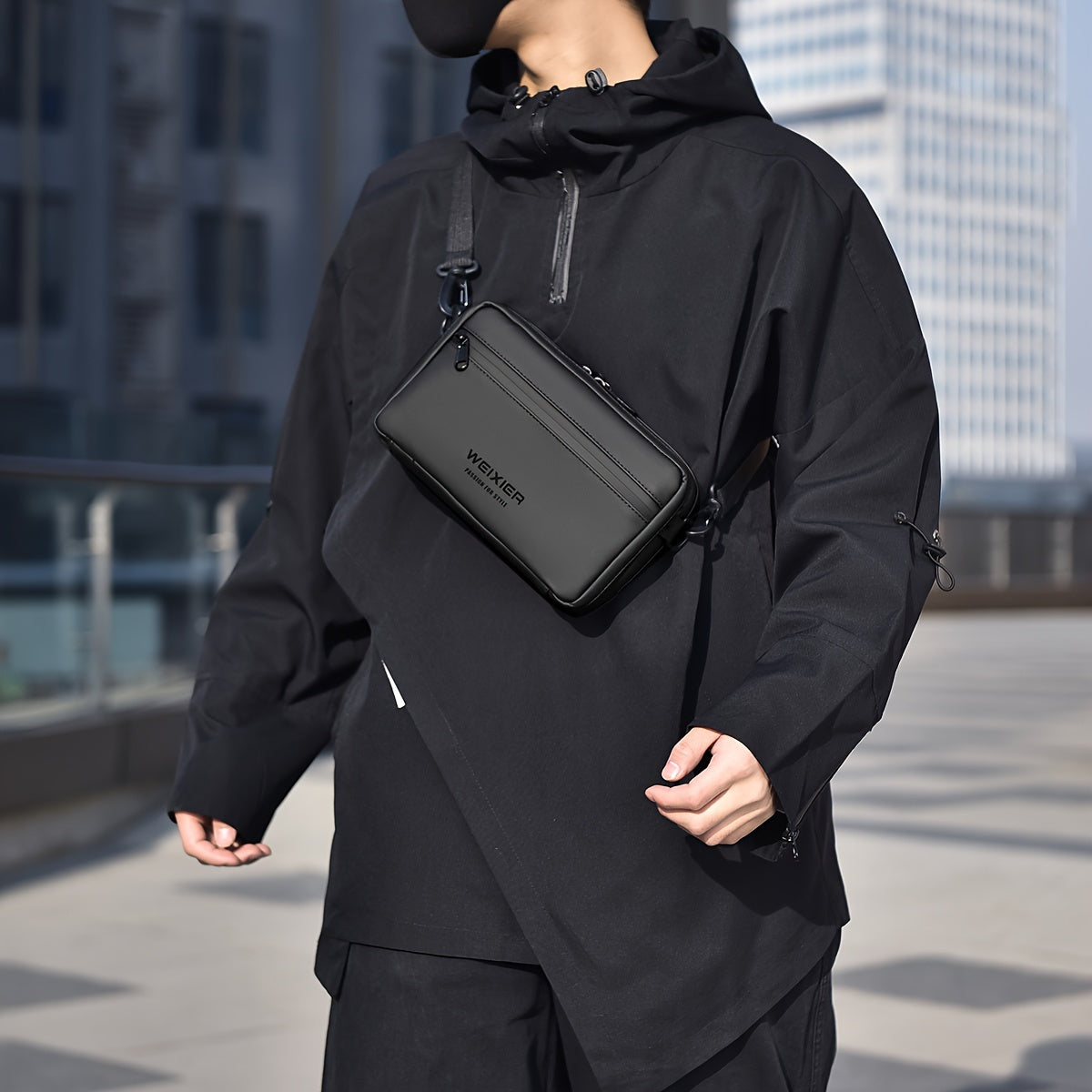 WEIXIER Men's Casual Nylon Handbag - Large Capacity with Adjustable Wrist Strap, Sleek Black for Daily Use, Valentine's Day Gift for Him, Outdoor Bag | Casual Style | Nylon Material