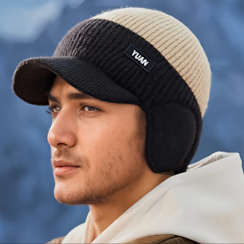 Men'S Winter Ear-Protecting Knitted Cap with Fleece, Warm Duckbill Hat for Outdoor Youth Cycling in a Color-Block Design.