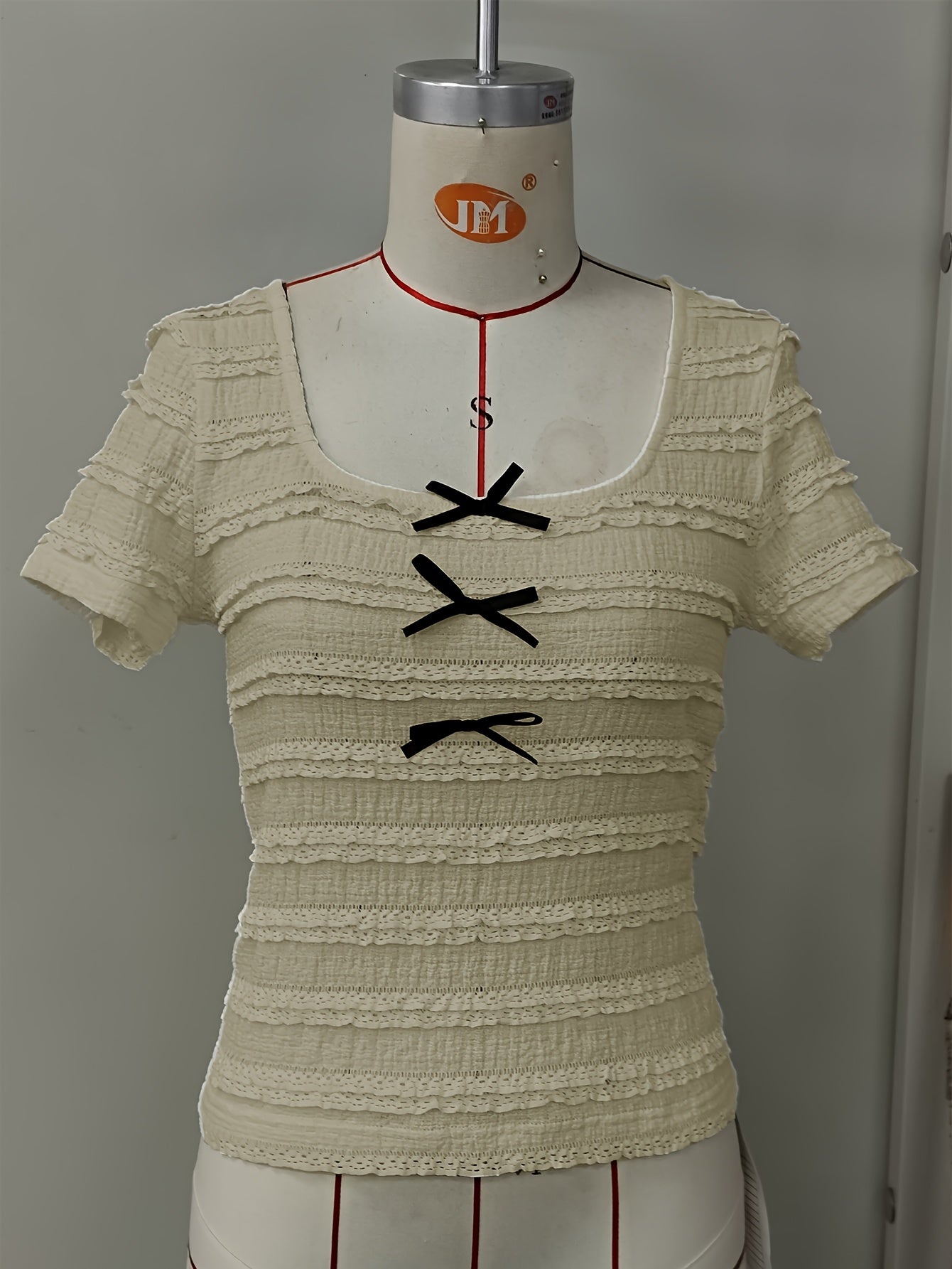 Women'S Elegant Ruffle Trim Short Sleeve T-Shirt with Front Bow Detail - Lightweight Casual Beach Vacation Top, Solid Color, Spring/Summer Collection, Beach Vacation Top | Ruffle Trim Top | Lightweight Fabric