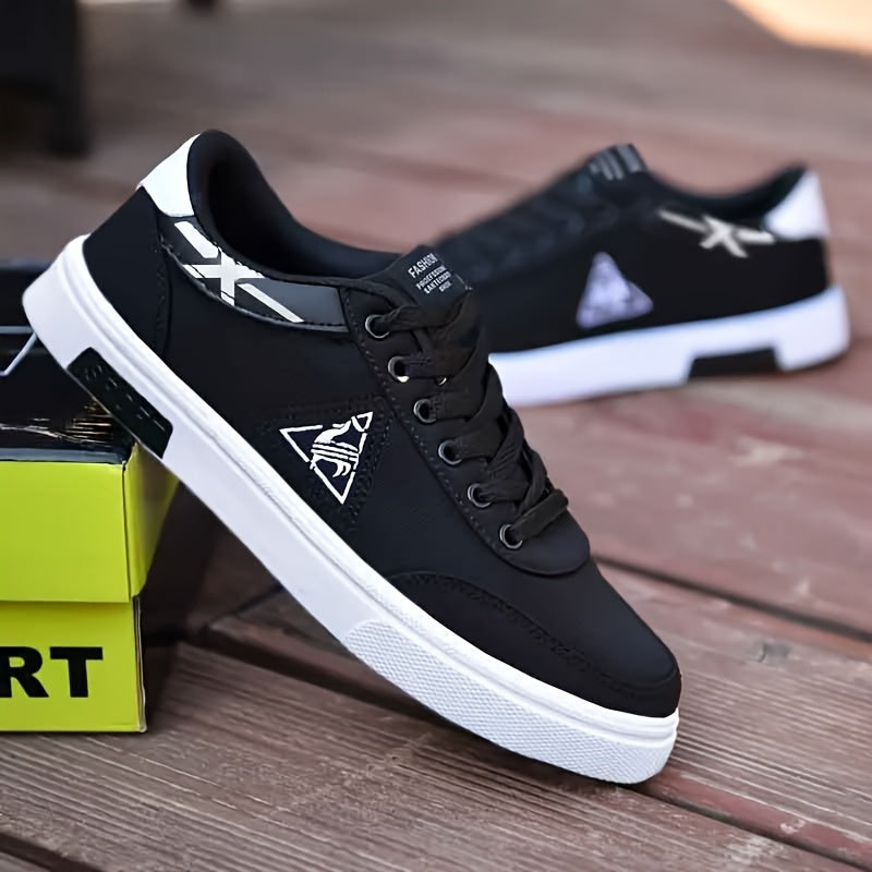 Men's Classic Lace-Up Sneakers - Breathable Canvas Walking Shoes with Non-Slip Rubber Sole, Comfortable for All Seasons, Casual & Sporty, Black with White Accents