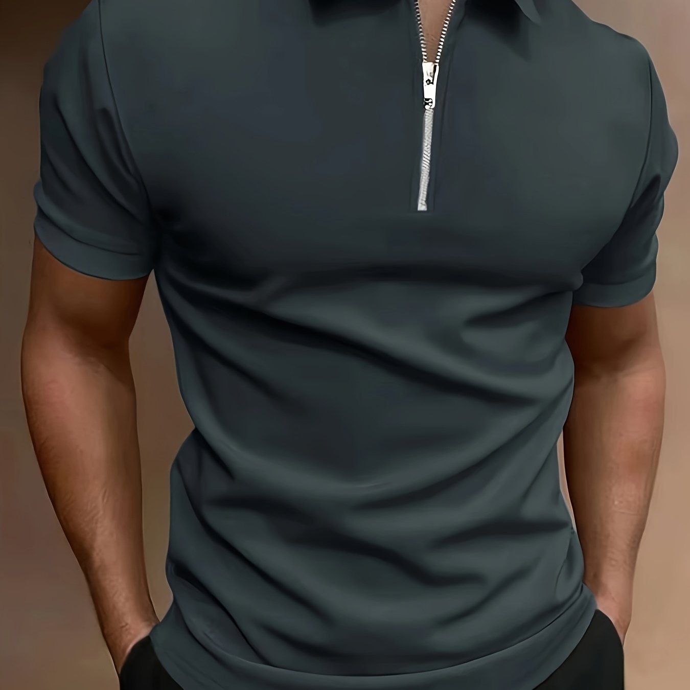 Casual Stretch Men's Solid Color Zipper Lapel Golf Shirt, Male Summer Streetwear