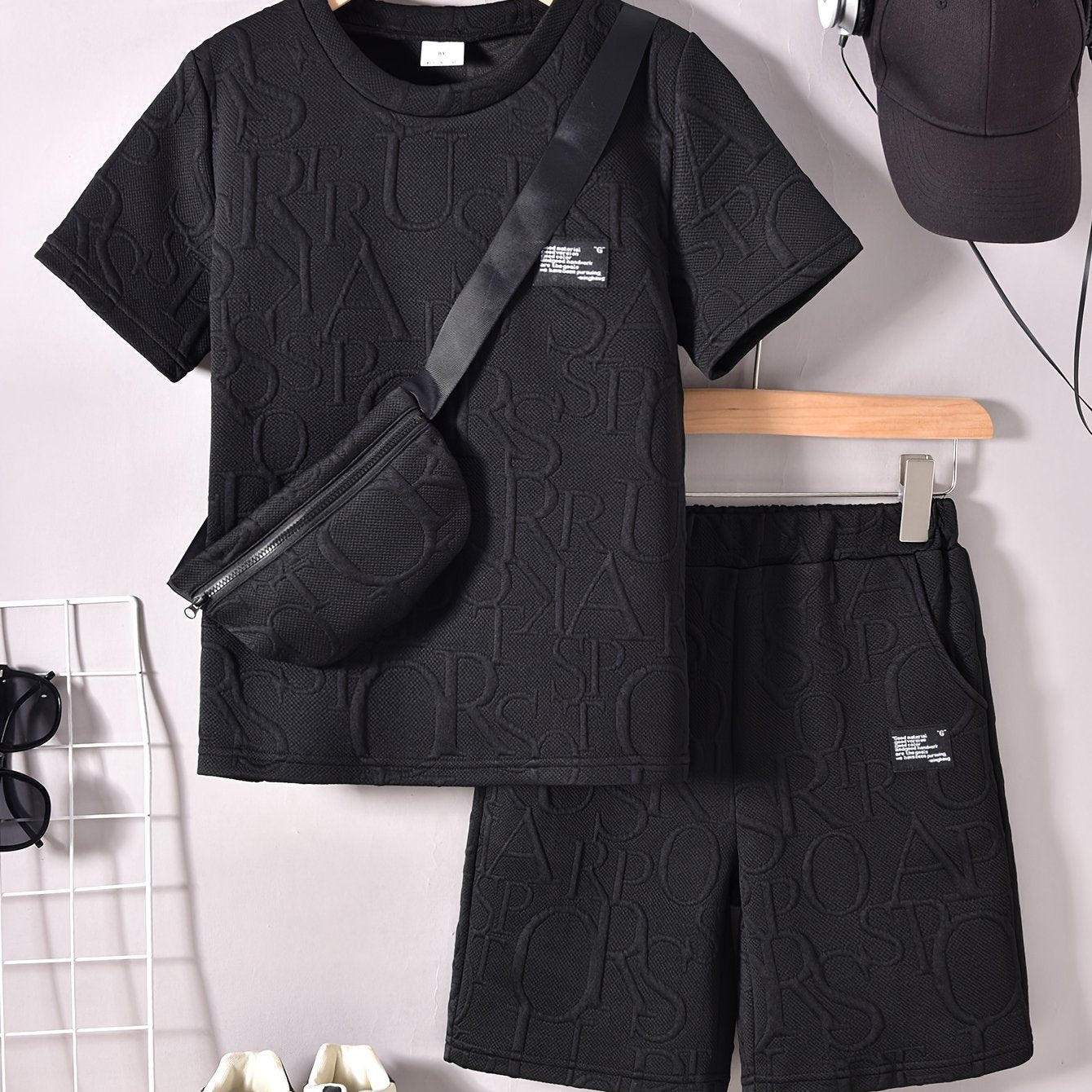 Boys' Stylish White Short Sleeve T-Shirt + Casual Shorts + Fashion Crossbody Bag Set, Perfect for Outdoor