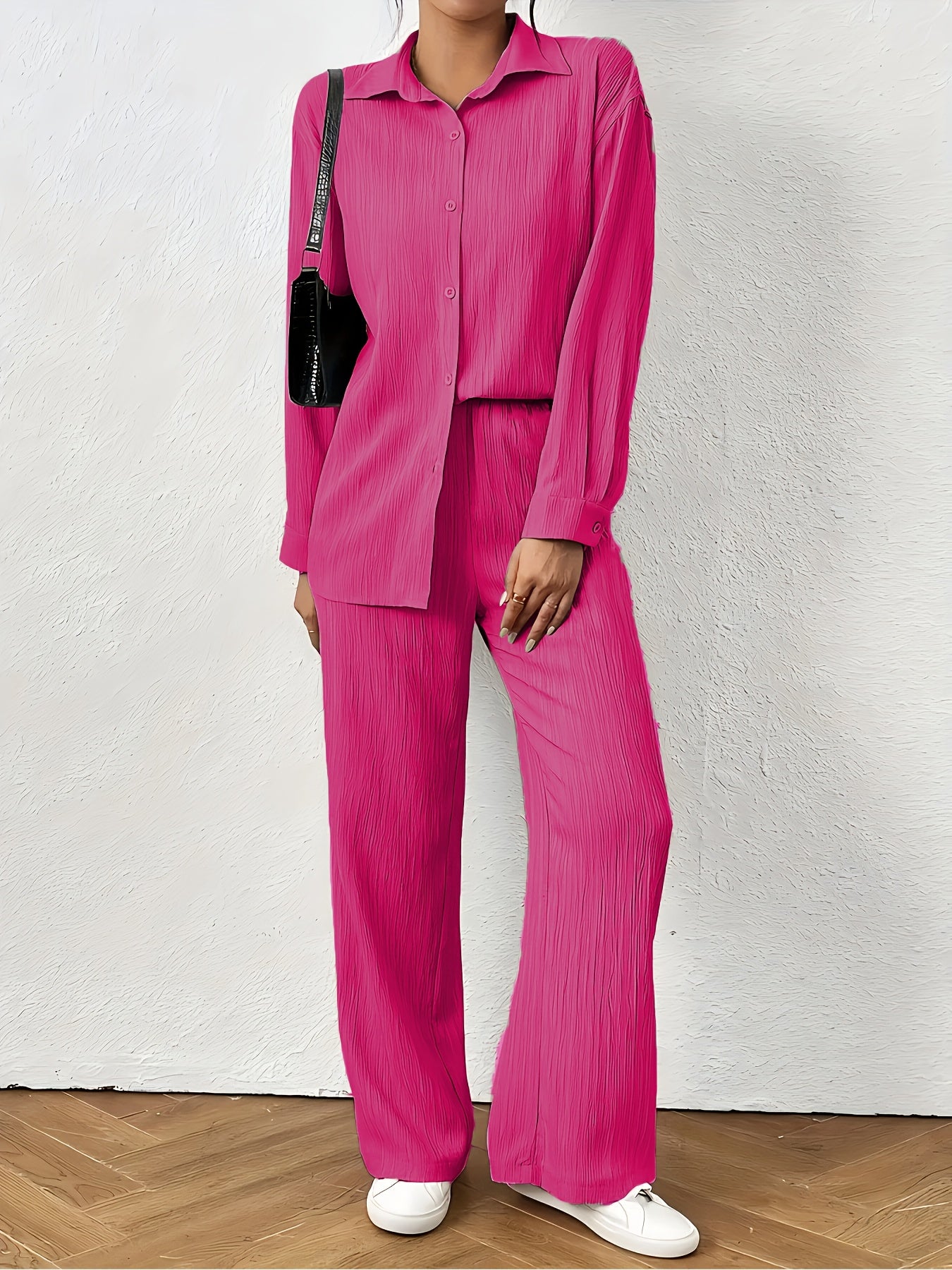Women'S Casual Solid Color Long Sleeve Shirt + Long Pants 2pcs Set for Spring And Autumn.