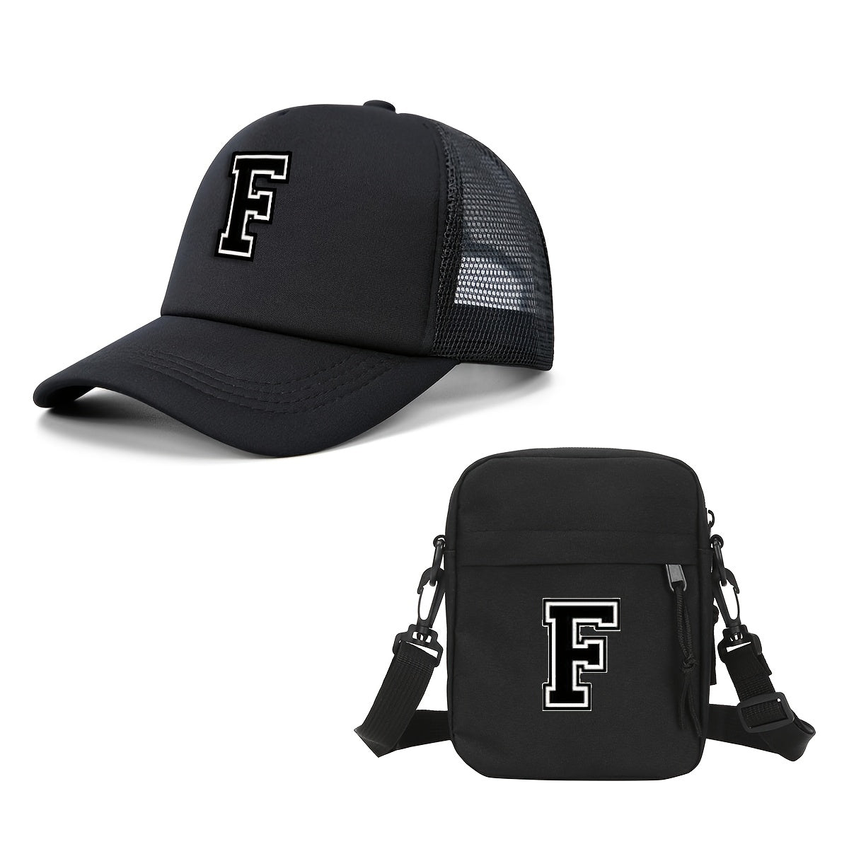 2pcs Men'S And Women'S 26-Letter Printed Trucker Hat & Bag Set, Mesh Breathable Versatile Casual Sun Hat, Suitable for Holiday Vacation, Mountain Climbing, Camping, Outdoor Street And Other Scenes, Suitable As a Birthday, Hol