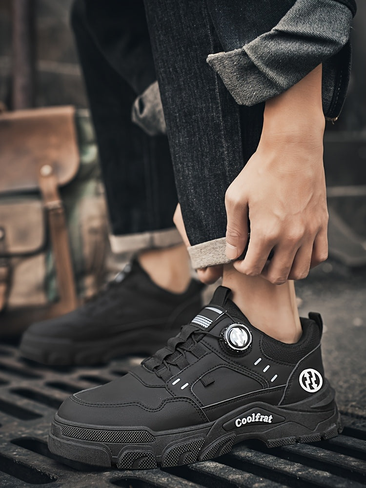 Men's Solid Color Skate Sneakers - Adjustable Rotating Buckle Straps, Slip-Resistant PVC Sole & Durable PU Upper, Low-Top Lace-Up Design for Hiking, Walking, Daily Wear - All-Season Casual Streetwear Shoes, Skate Shoes