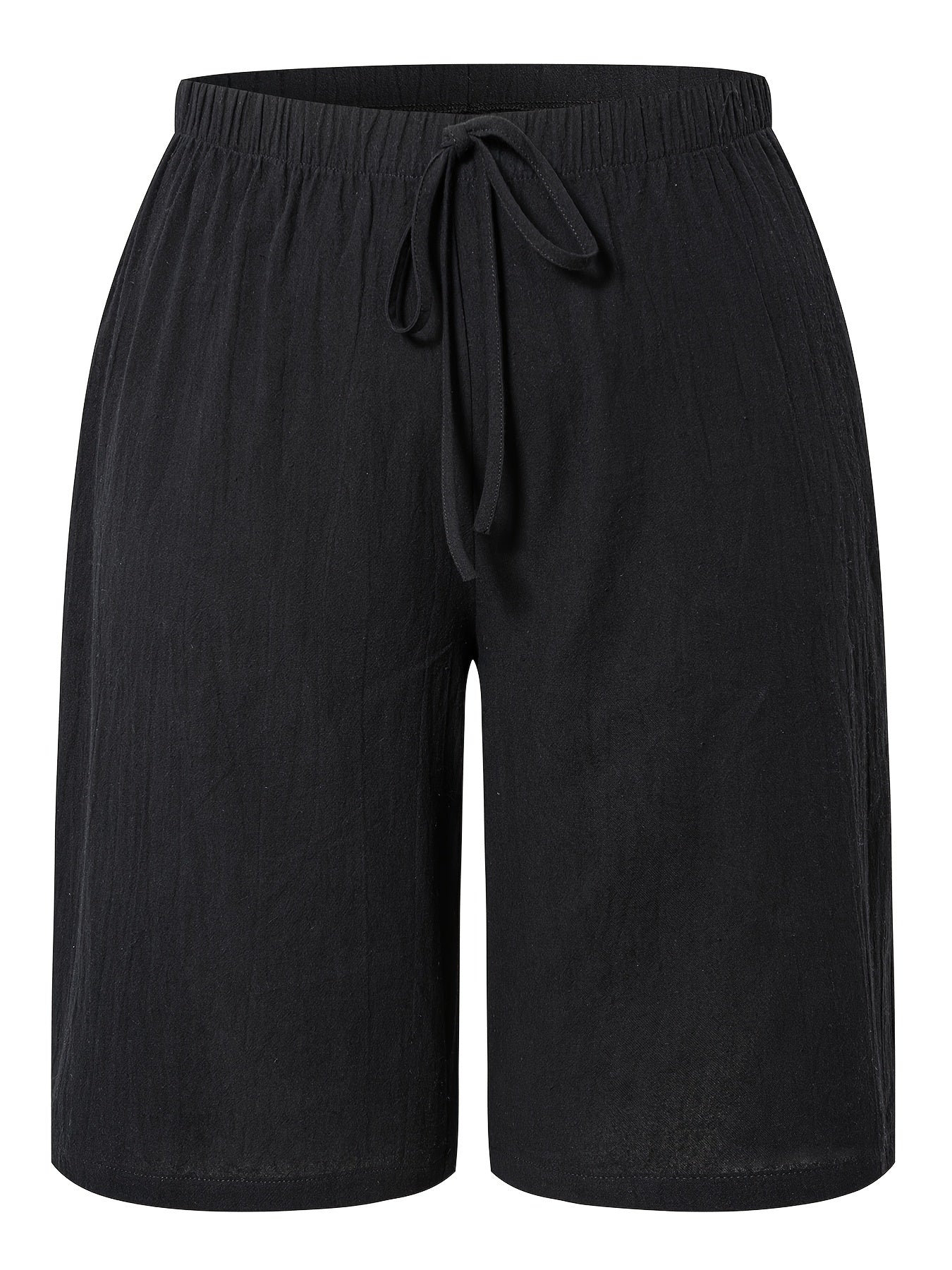 Women'S Casual Solid Color Shorts, 100% Polyester Woven Fabric, All-Season Beach Pants with Fake Drawstring, 126g/m² Weight - Black