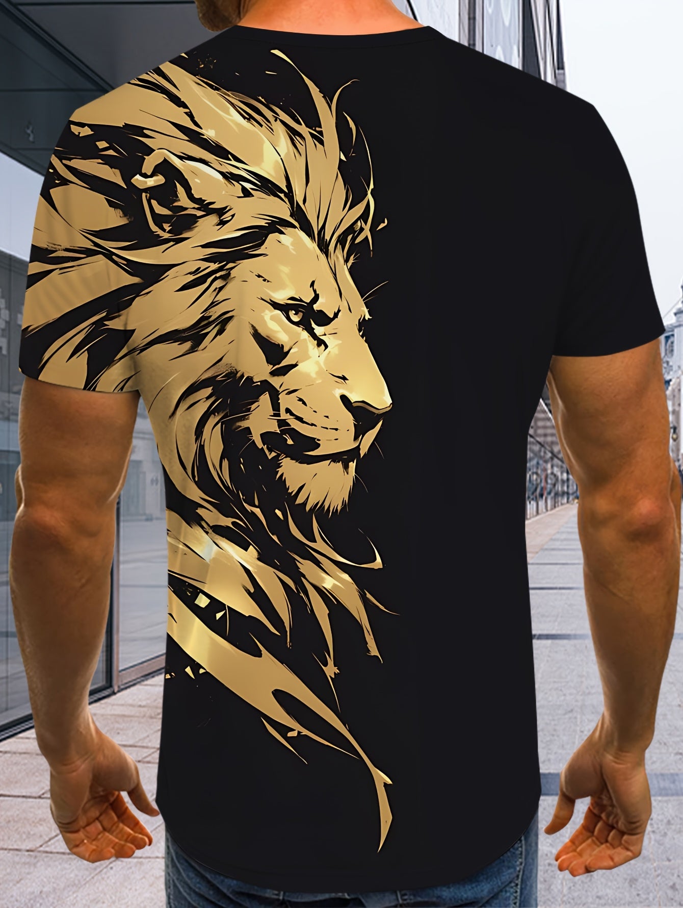 New Lion 3D Print Pattern, Casual Short Sleeve Round Neck T-Shirt, Outdoor Men's Clothing
