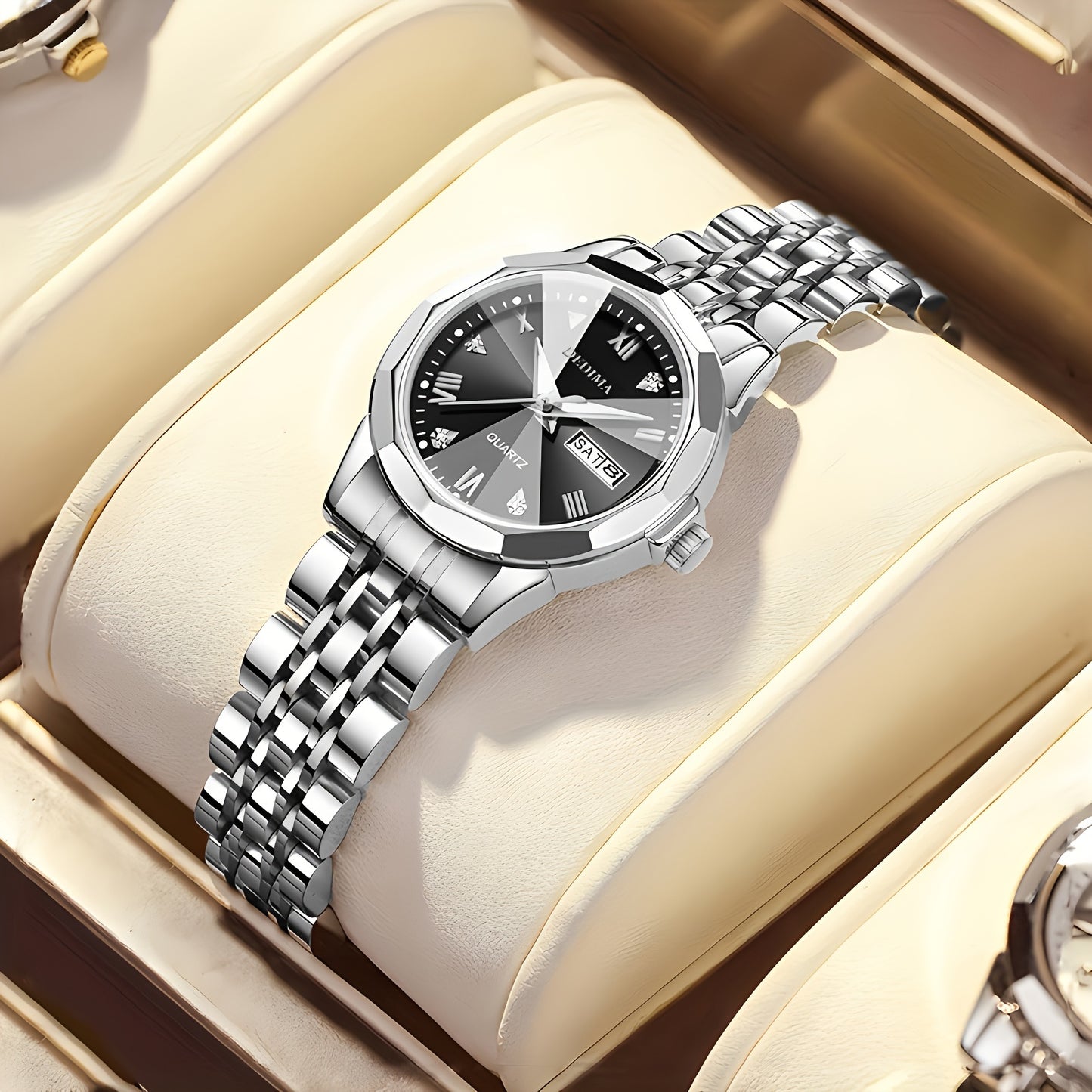 DEDIMA Women'S Luxury Stainless Steel Watch - Elegant Rhombus Design with Roman Numerals, Double Calendar, and Multifunctional Steel Strap