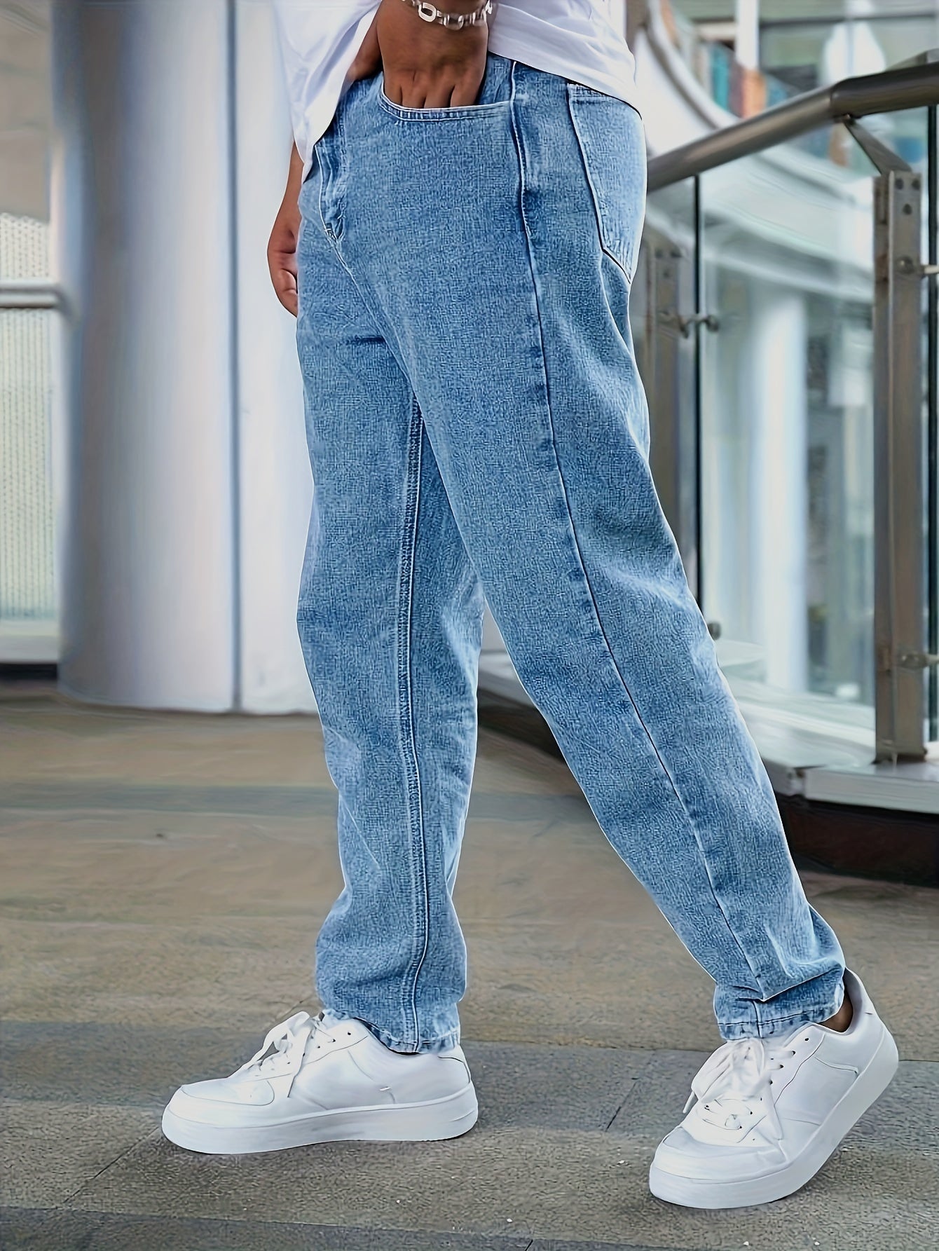 Men'S Loose-Fit Jeans, Cotton Blend Street Style Denim Pants, Non-Stretch Solid Color, Regular Length, with Multiple Pockets for All-Season Wear