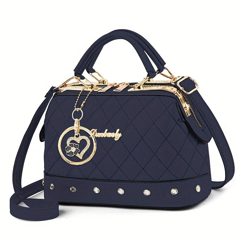 Black Quilted Boston Bag with Golden-Tone Hardware & Adjustable Strap - Elegant Heart Rhinestone Charm, Pattern, and Stylish Stud Details for Wo