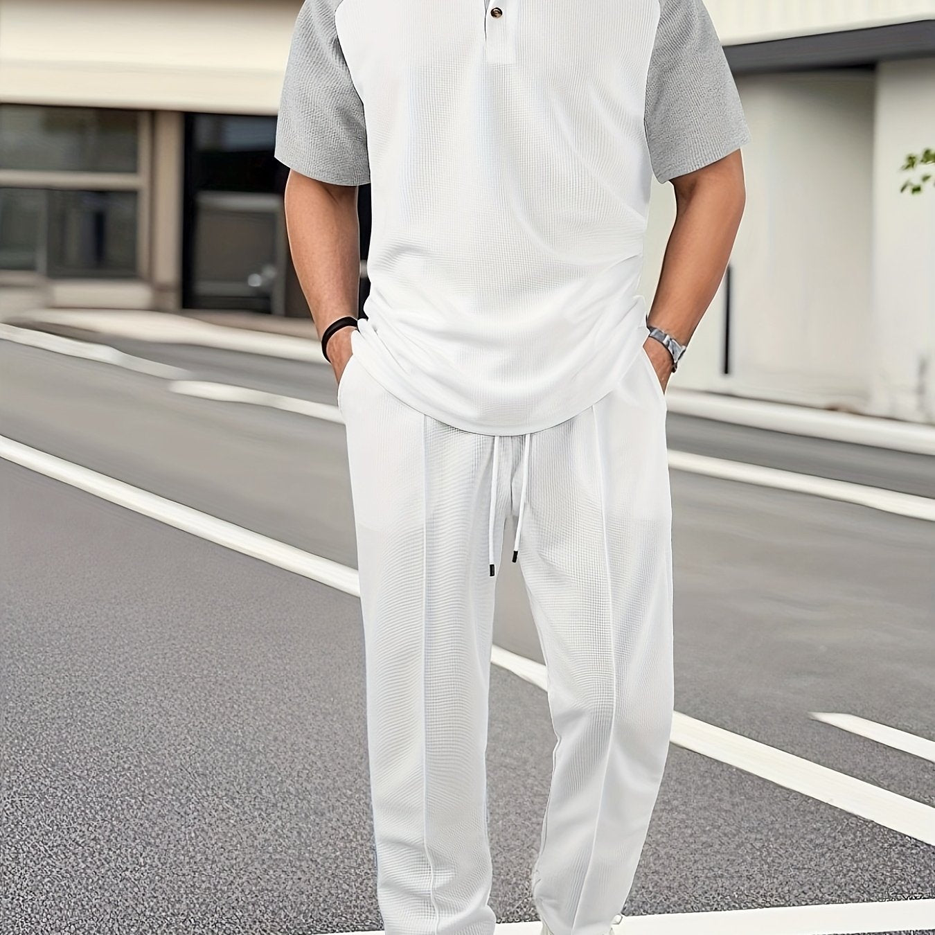 Men's Casual Mixed Color Spliced Set: Shirt and Drawstring Pants, Clean and Comfortable
