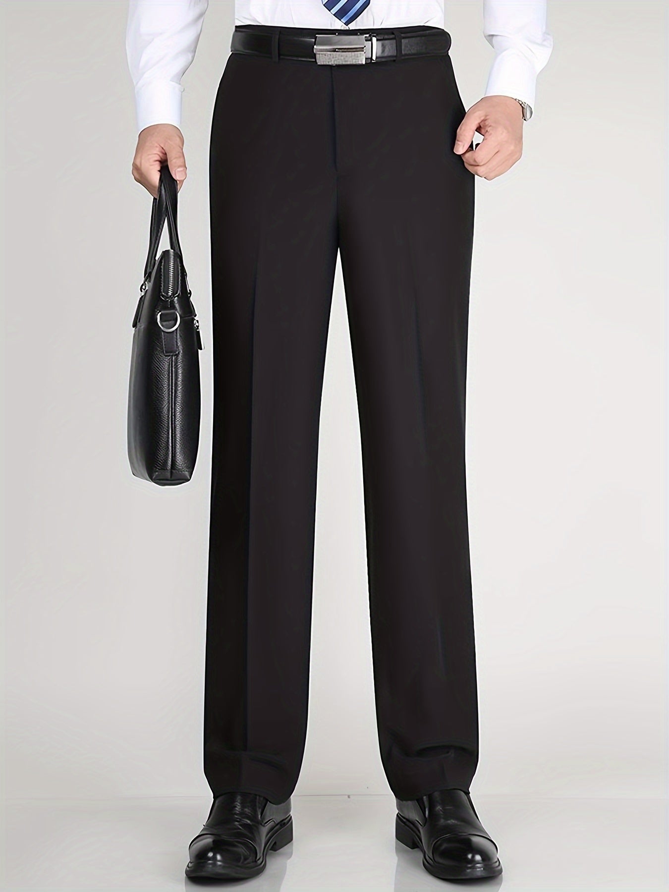 Men's Classic Straight Fit Pants - Lightweight Polyester Blend, High Waist, Button Closure, Suitable for Year-Round Wear